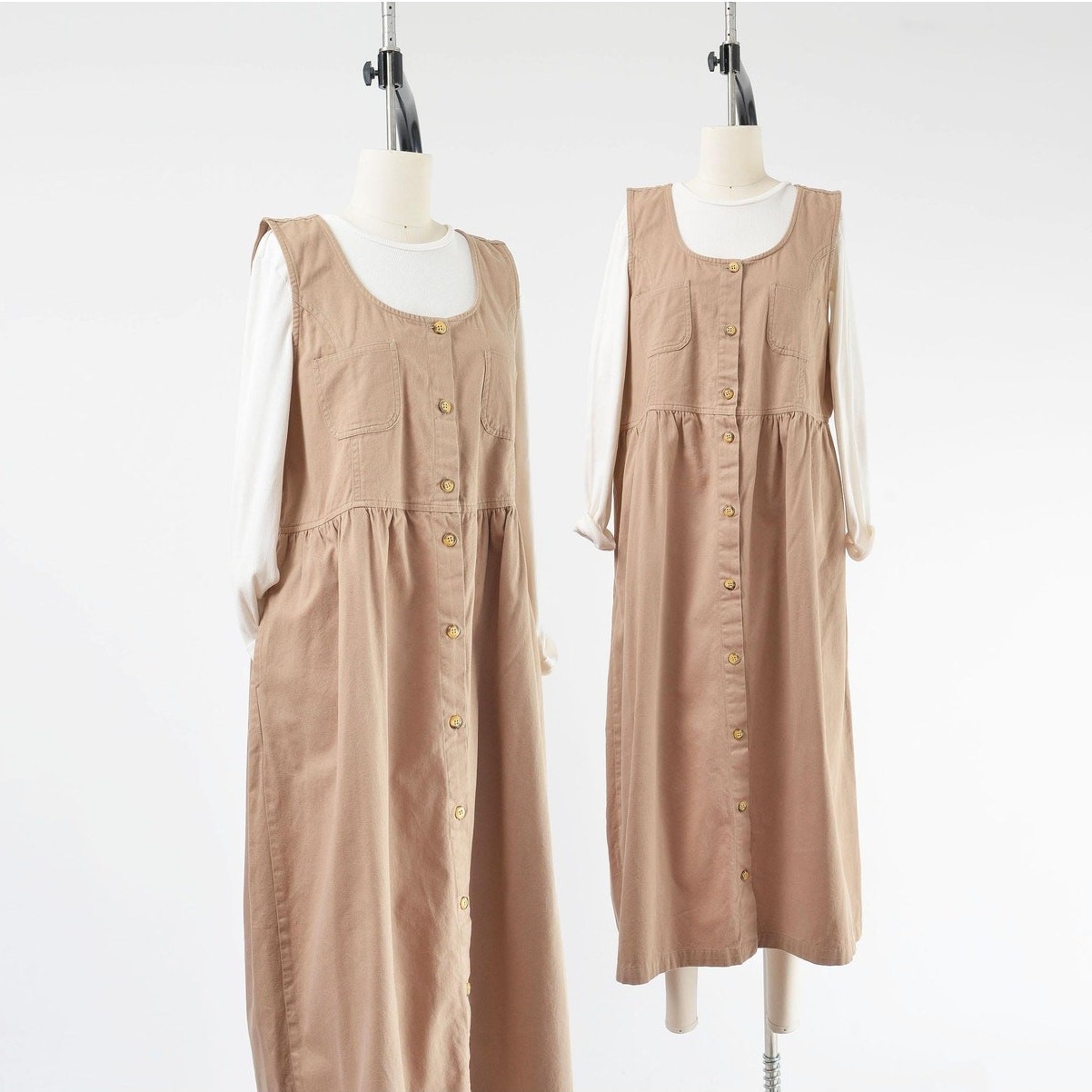 Vintage 90s Tan Pinafore Minimalist Cotton Jumper Maxi Dress Pockets L XL