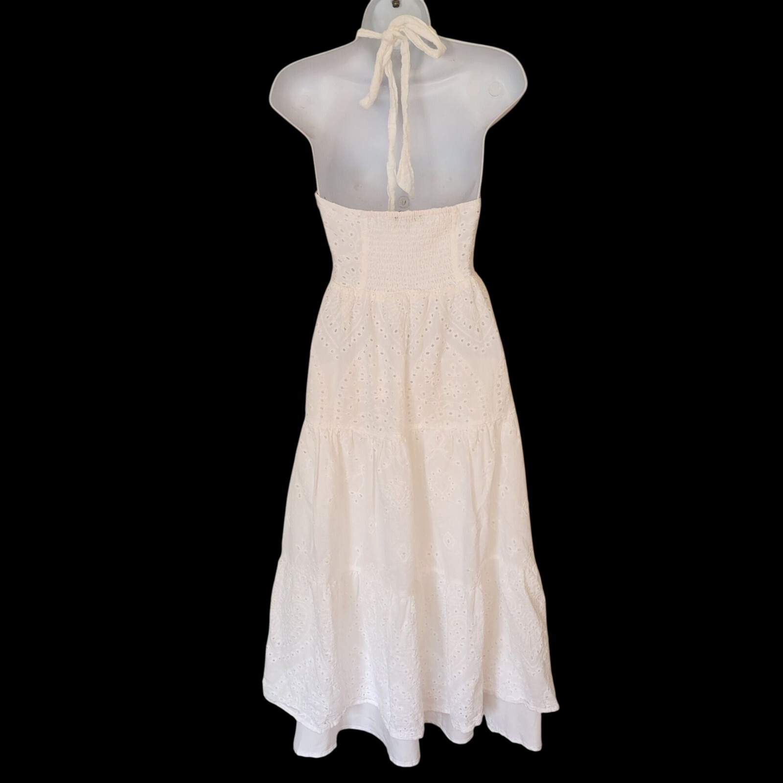Lulus S White Eyelet Halter Maxi Dress Smocked Back Tie Closure Cotton