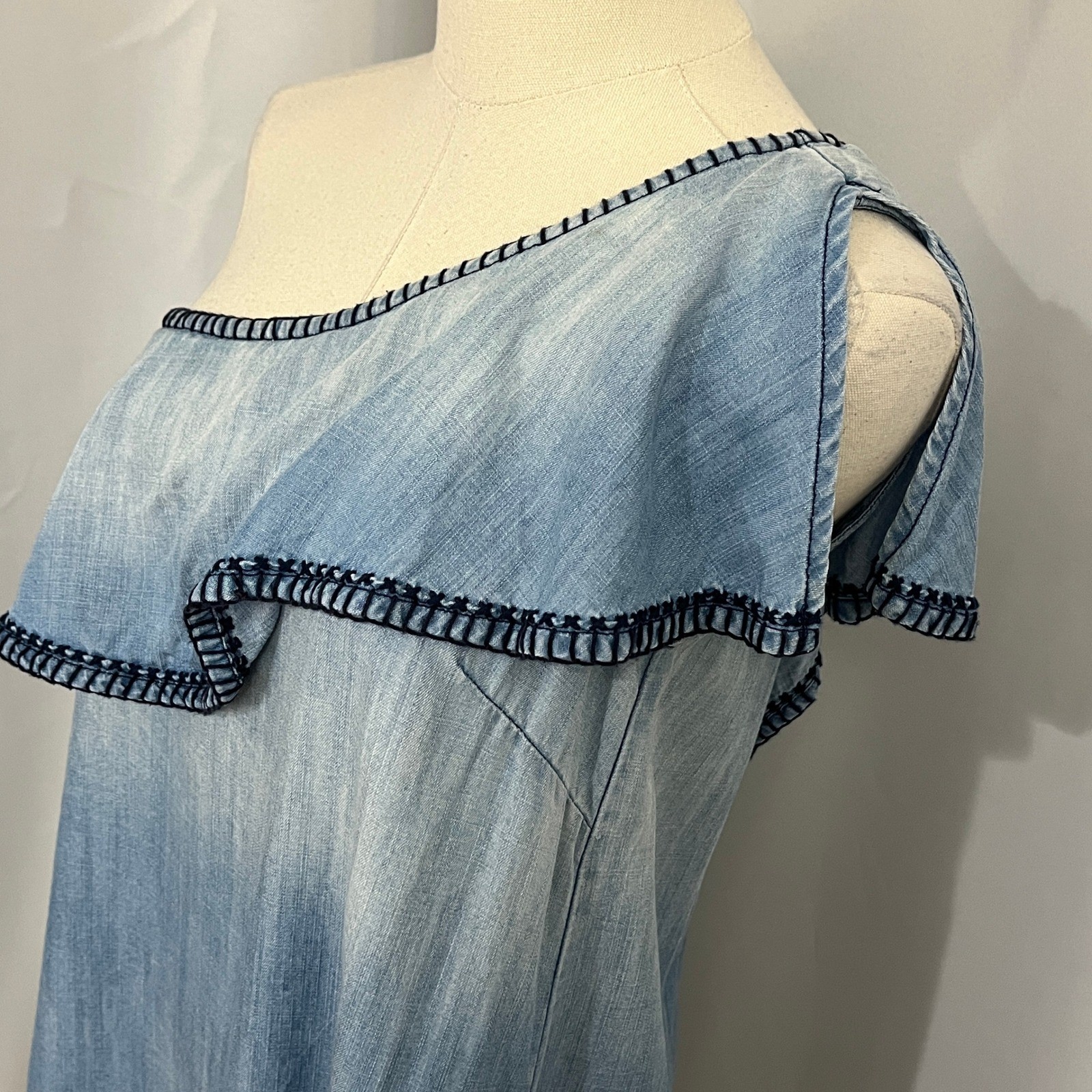 Cloth & Stone Chambray One Shoulder Dress Ruffle Women S Blue Shift Boho Coastal