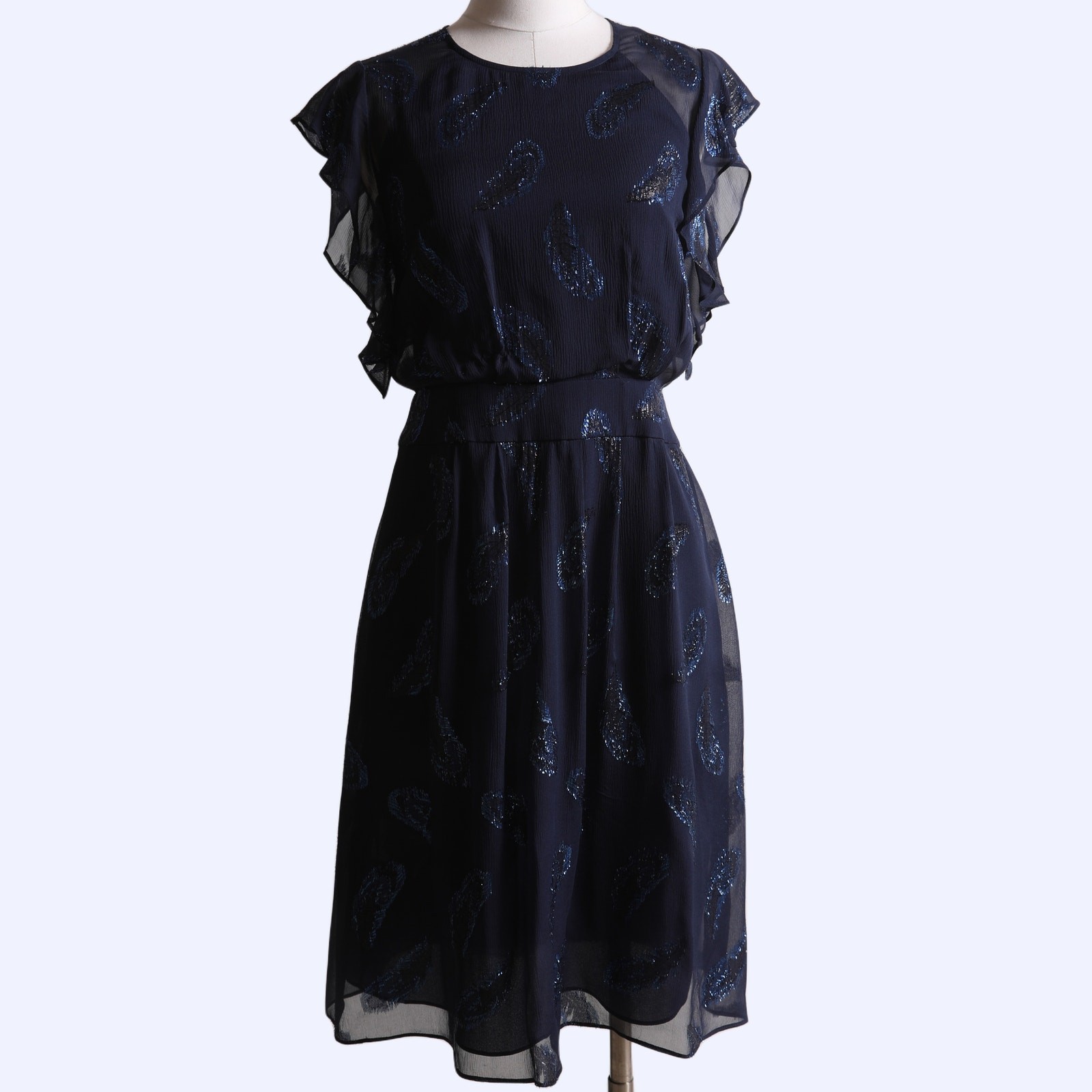 BCBGMAXAZRIA Navy Blue Metallic Silk Flutter Sleeve Knee Length Dress
