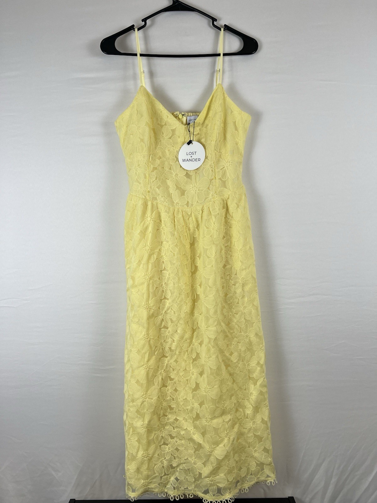 Lost + Wander YELLOW FLORAL LACE MIDI DRESS Medium V-NECK STRAPPY SLEEVE