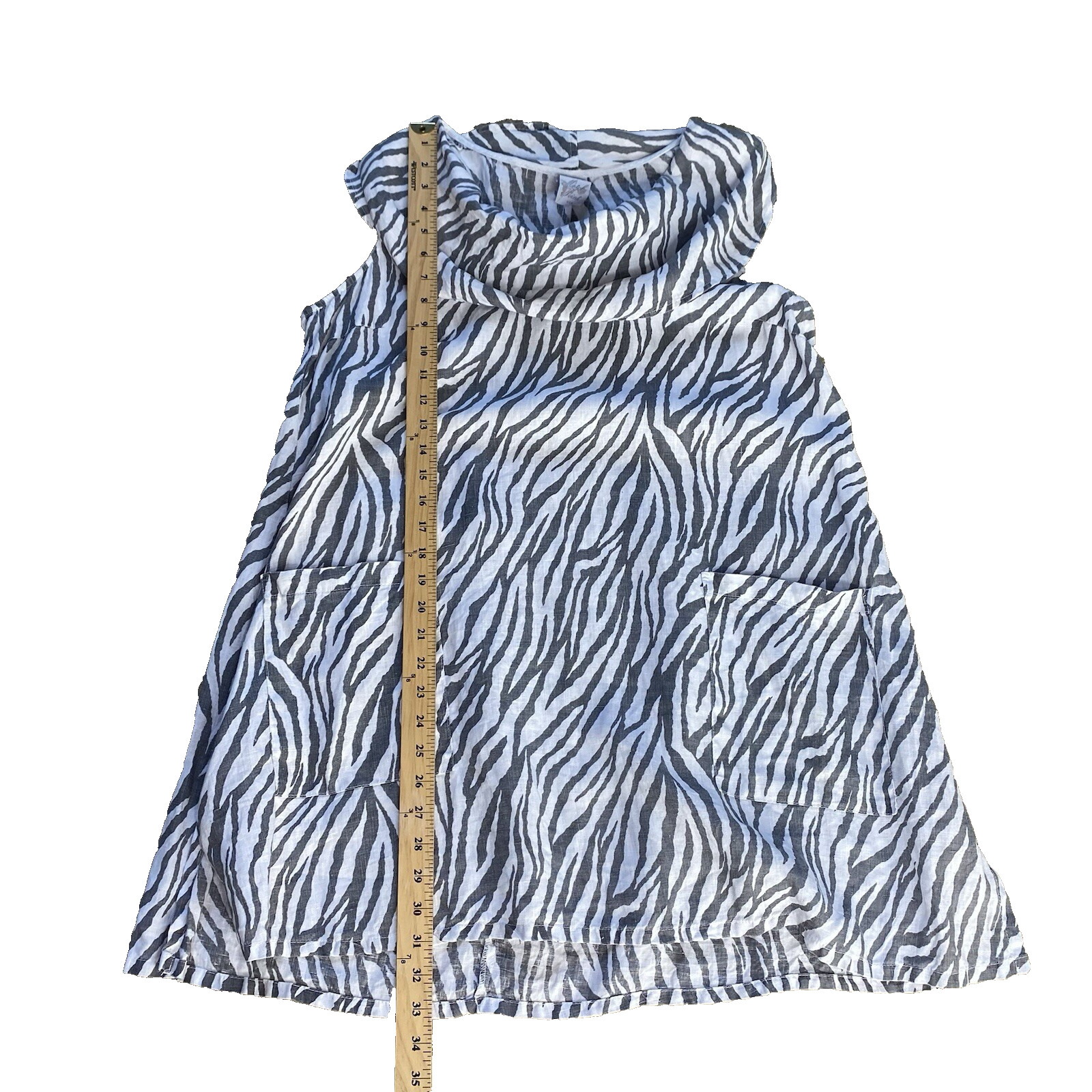 Match Point USA 100% Linen Shift Dress Small Zebra Stripe Sleeveless Flowy Beach
