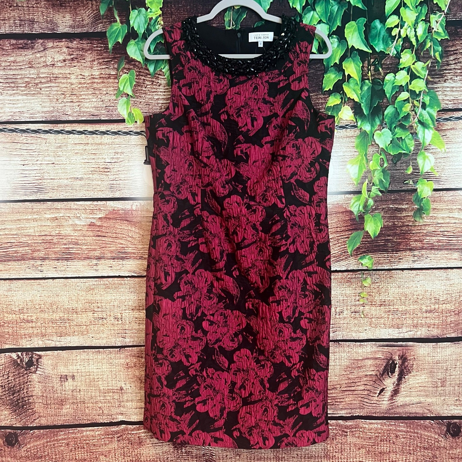 Teri Jon by Rickie Freeman Cocktail Sheath Dress Size 12 Floral Beaded Midi