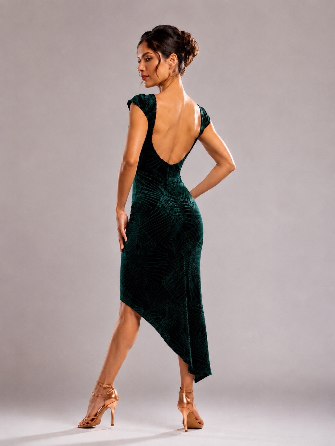 Open Back Emerald Green Velvet Burnout Tango Dance Dress Midi Milonga Size M