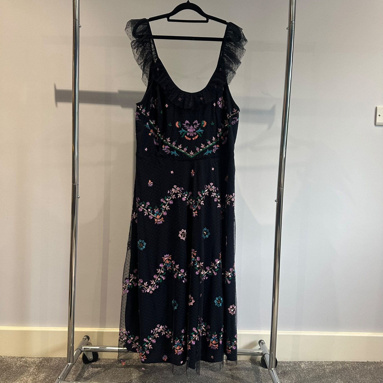 Monsoon Fiorella Embroidered Maxi Dress Navy Tulle Ruffle UK 24 BNWT £175 RRP