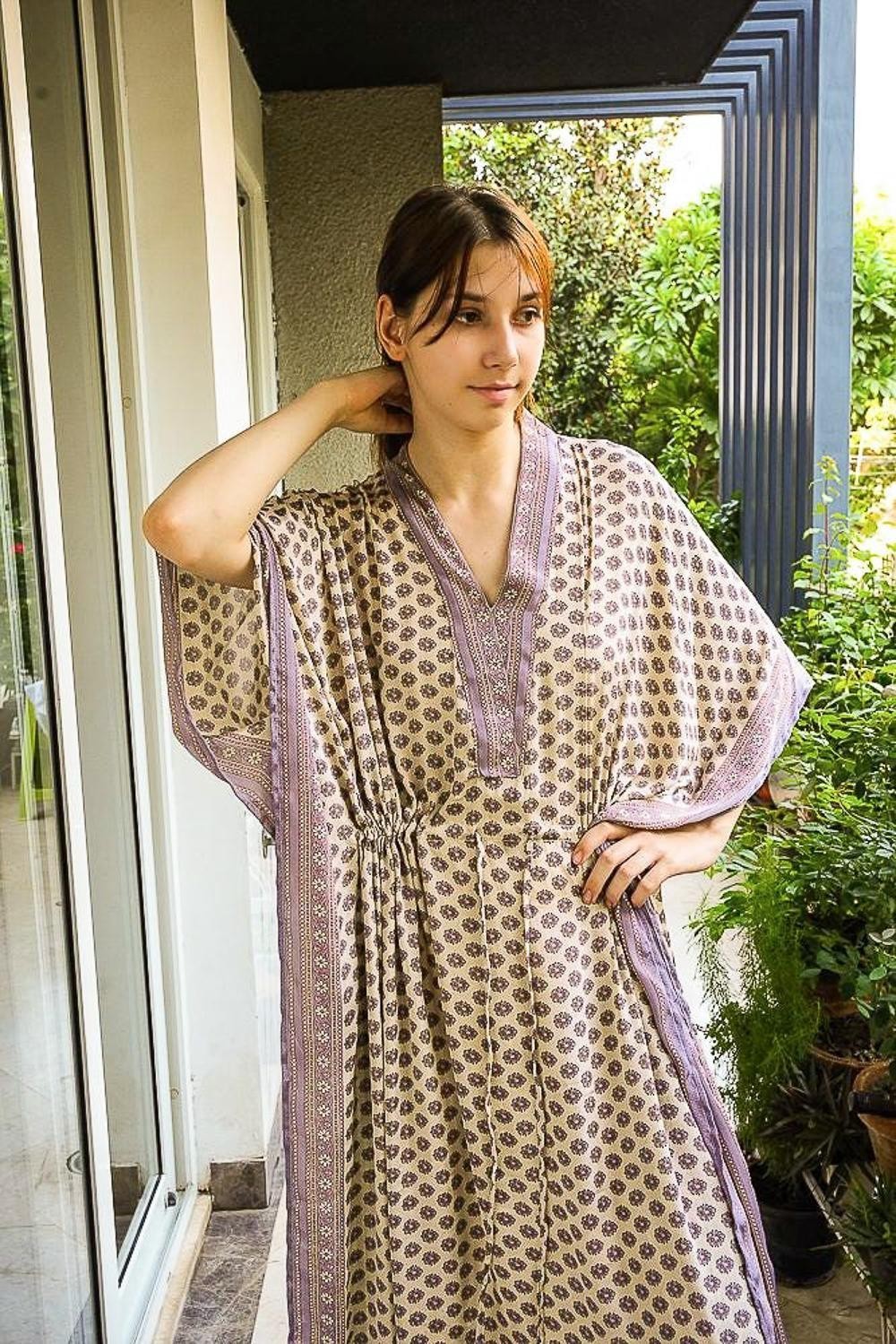 Silk Beige Kaftan / Handmade Flowy Maxi Dress / Resort Wear Outfit PS MFN1048