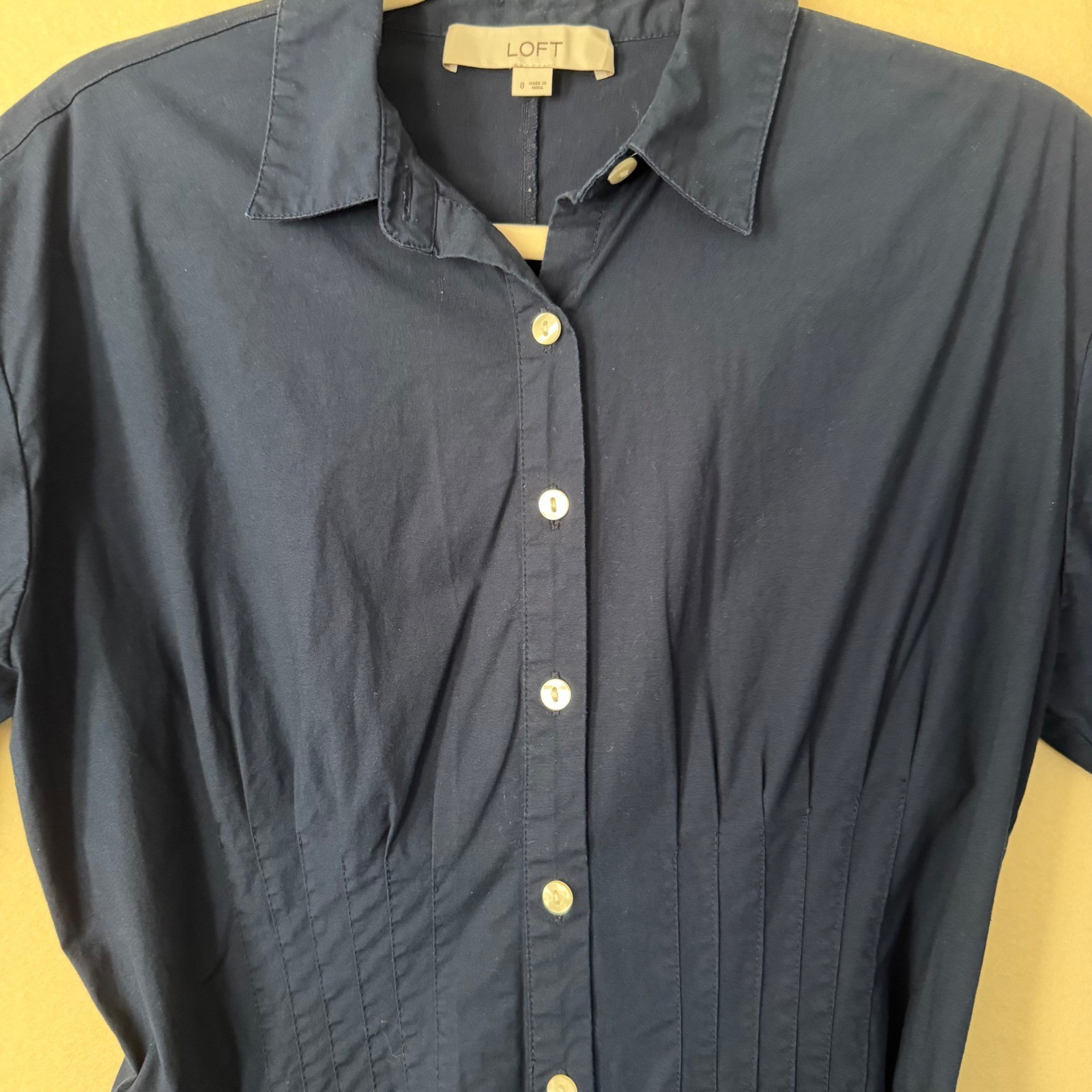 LOFT Navy Blue Short Sleeve Button Down Pleated Waist Midi Shirt Dress Size 8