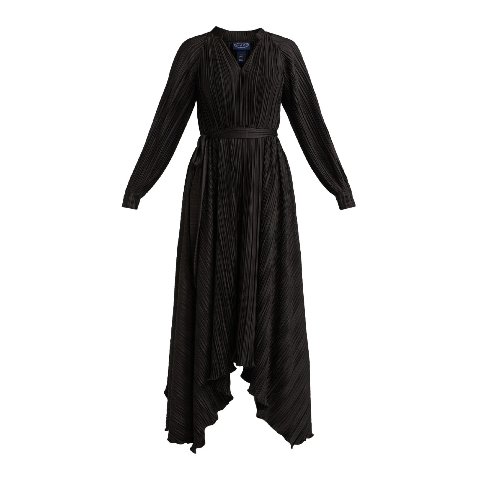 Scoop Women Pleated Handkerchief Hem Dress Long Sleeve Black Soot Size S