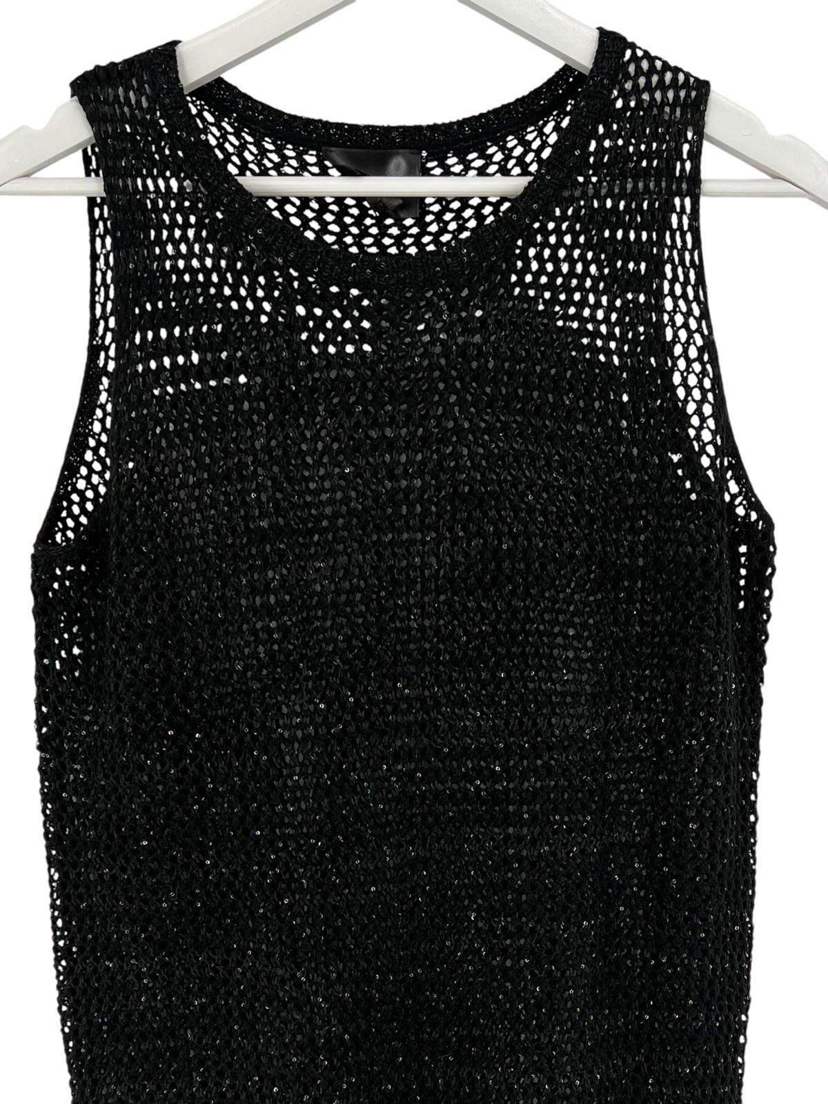 Line & Dot Sweater Dress Cover Up Black Shimmer Crochet Sleeveless Eyelet Size L
