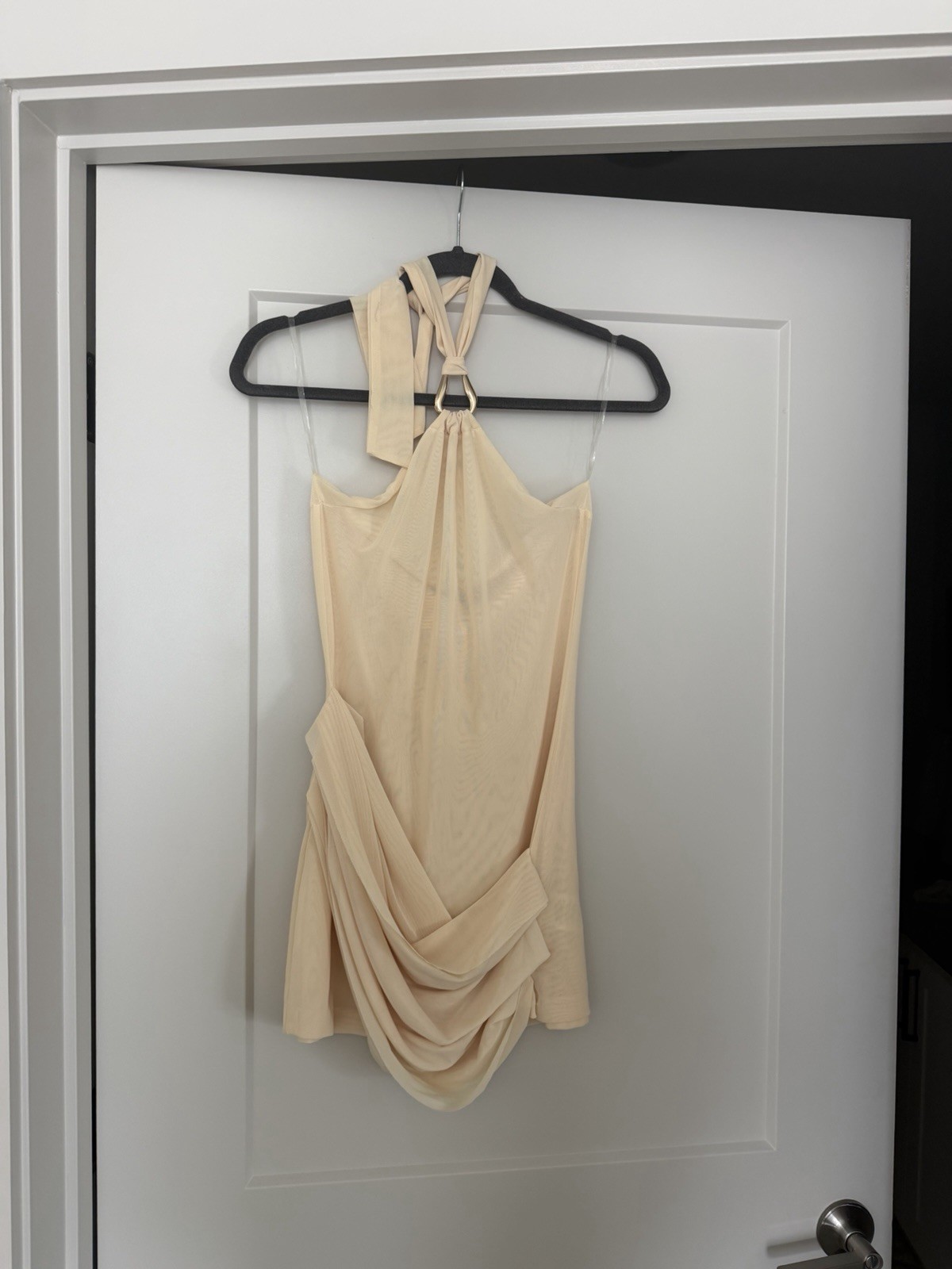 Peppermayo S Beige Halter Ruched Mesh Bodycon Mini Dress Sleeveless
