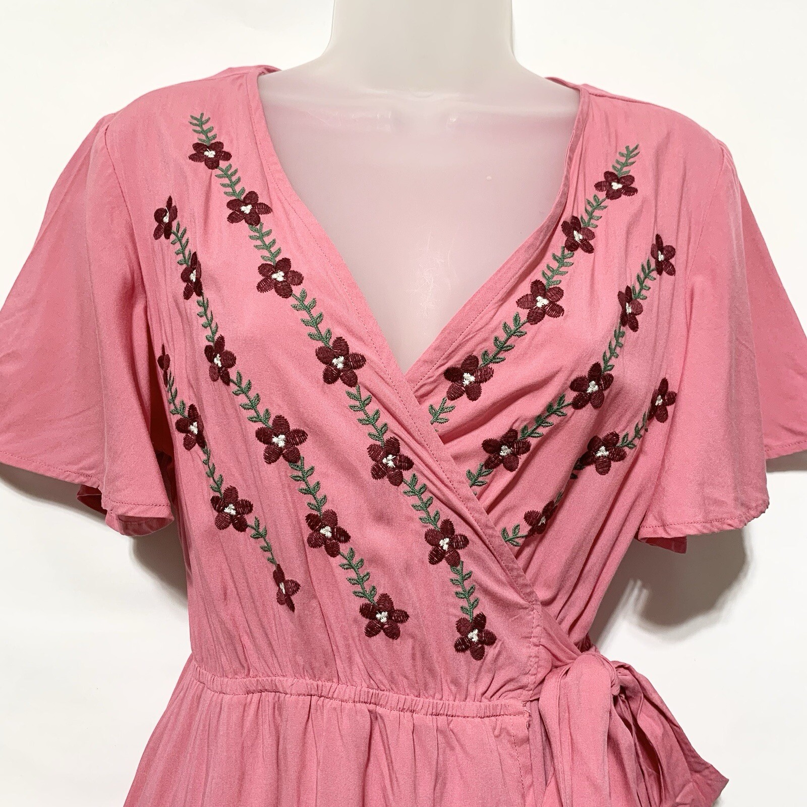 NWT Stevie Hender Pink Embroidered Wrap Maxi Dress Women’s M Boho Flutter Sleeve