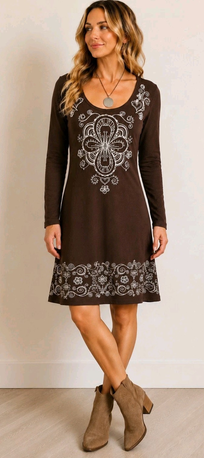 Johnny Was Earthy Brown Embroidered Dress Boho Western Whimsical Small