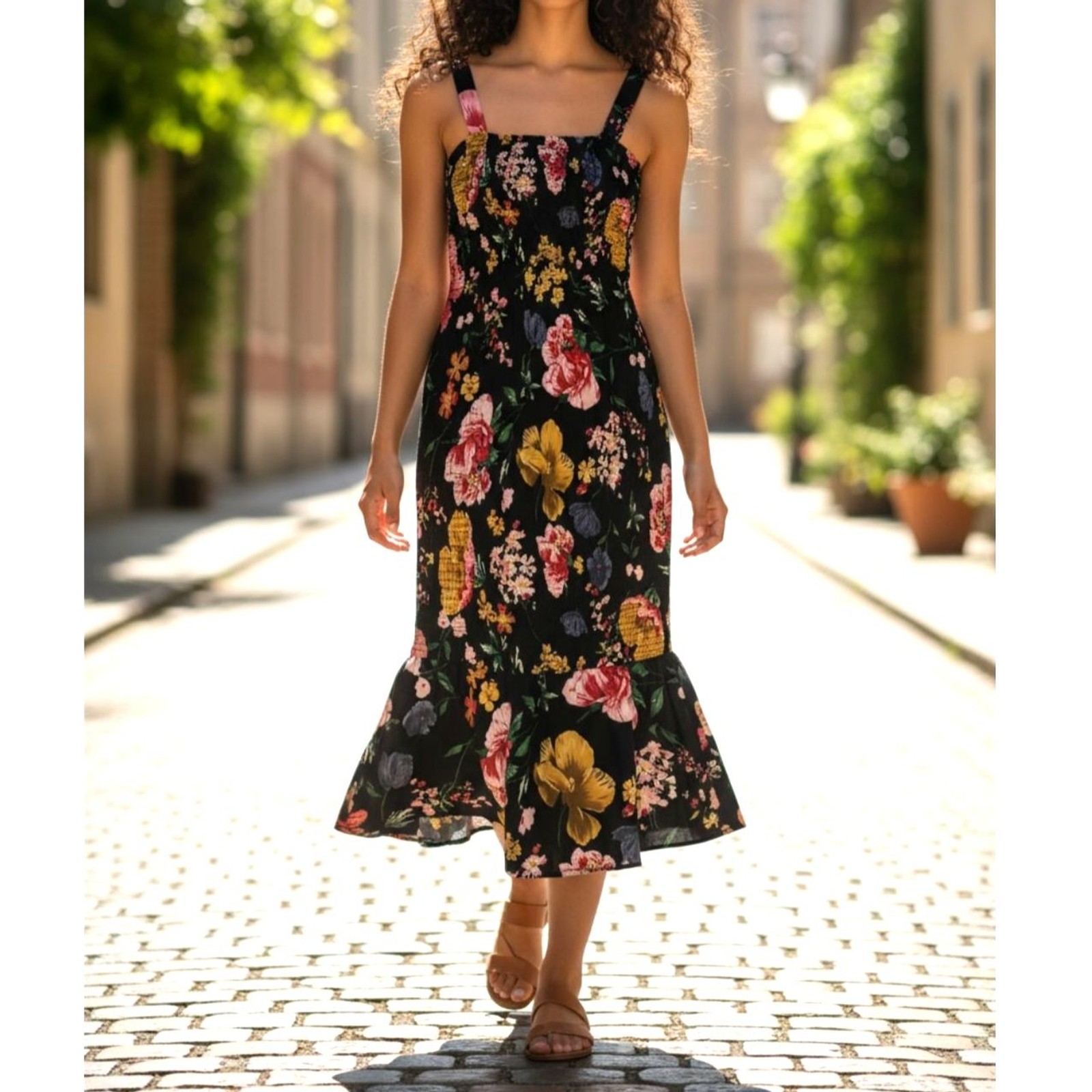 Pretty Garden Floral Smocked Midi Dress NWT Summer Cottagecore Prairie Girl Med