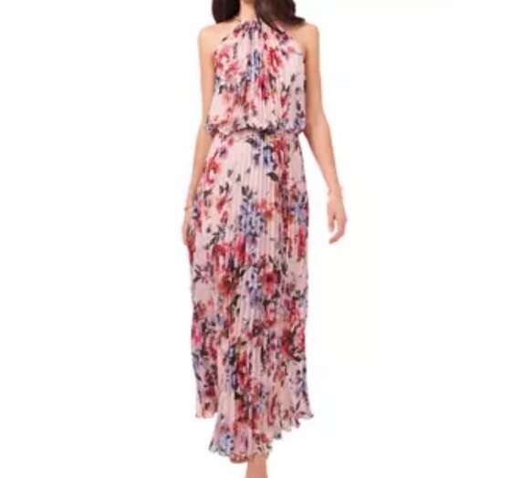 MSK Pink Pleated Elastic Waist Back Cut Out Floral Sleeveless Gold Halter Size 6