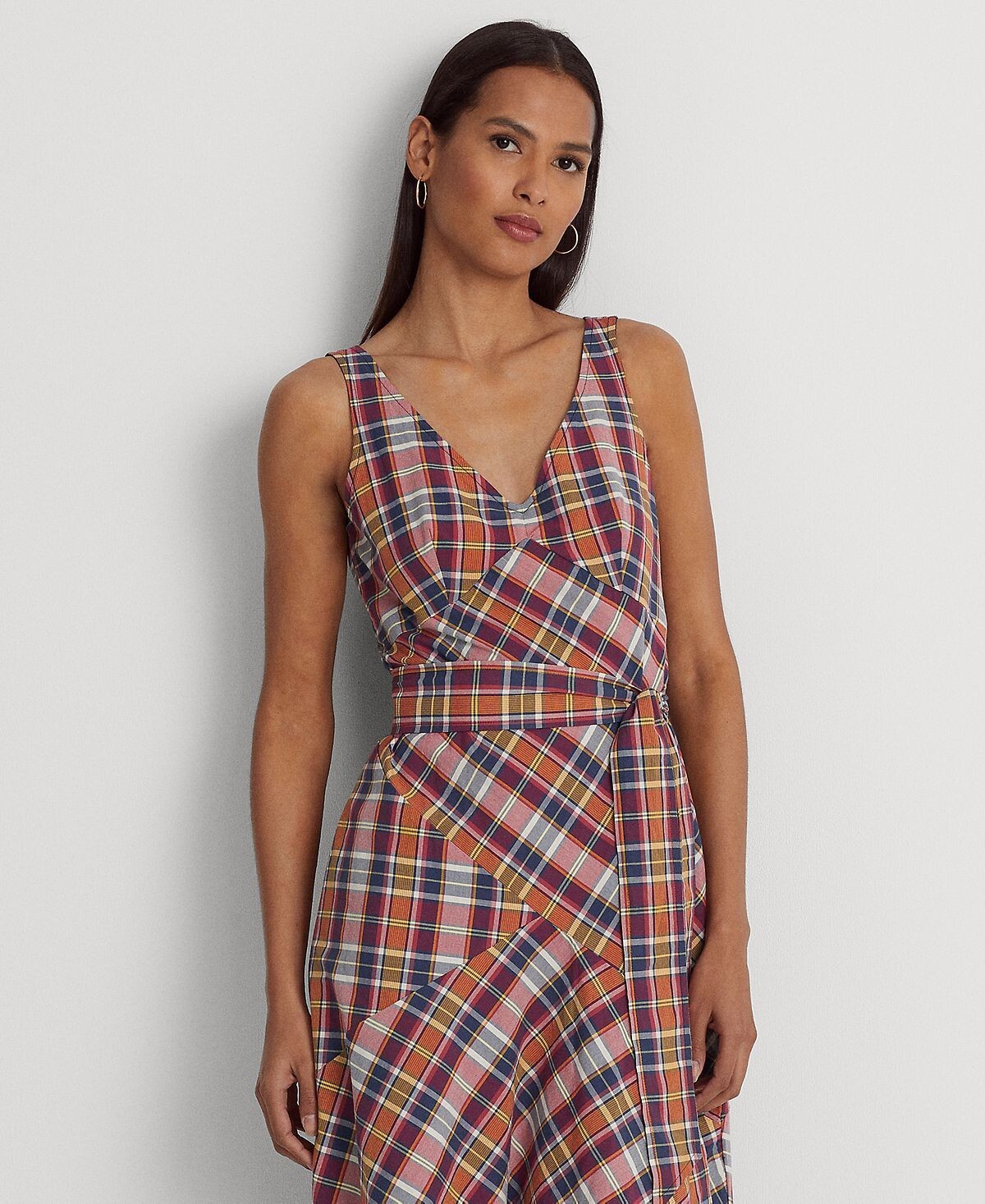 LAUREN Ralph Lauren Vneck Belted Sleeveless Madras Dress Purple Navy Size 8 $195