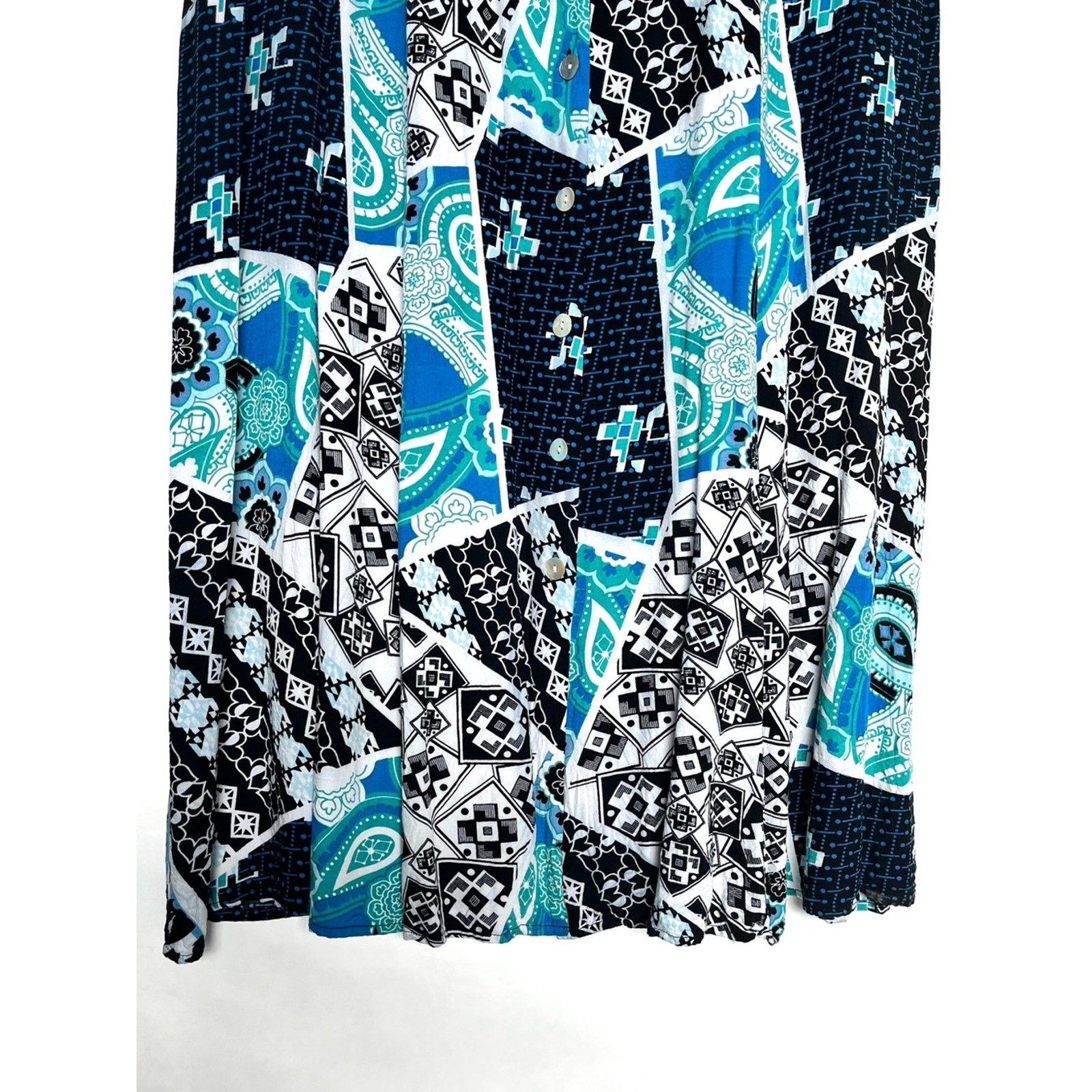 Vintage 90s Mixed Print Maxi Dress Size 1X Button Front Teal Black Paisley Soft