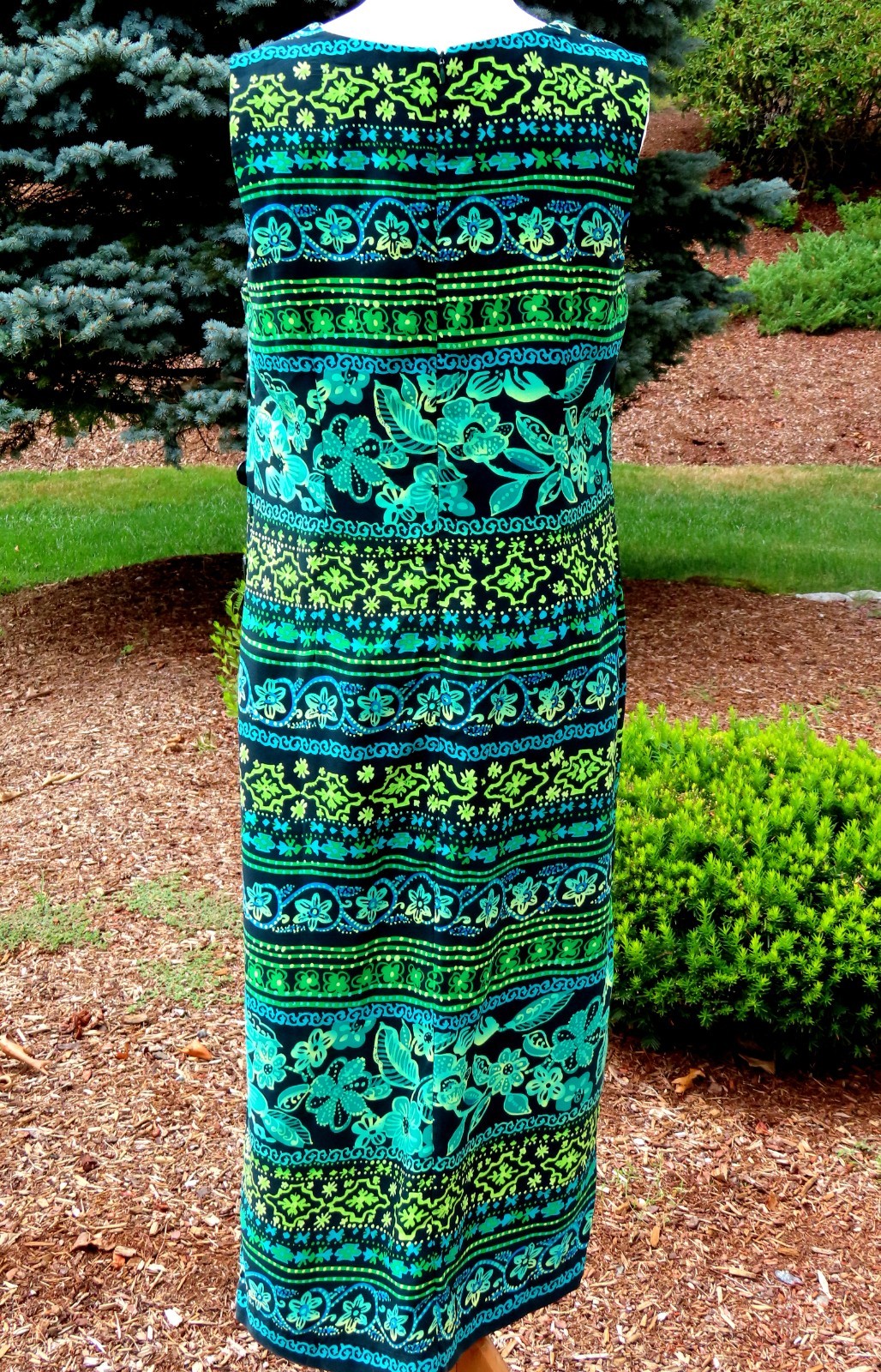 Coldwater Creek 12P Long Sleeveless Dress Blue Green Black Floral Low Side Slit