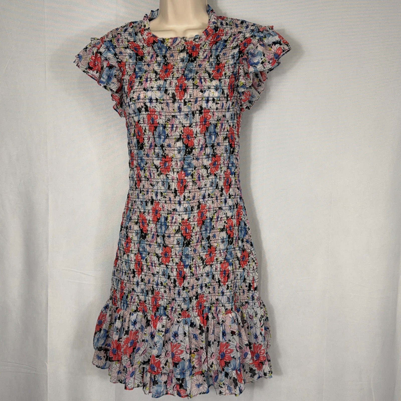 Veronica Beard Dress Smocked Floral Flutter Sleeve Mini Red Blue Women Size 2