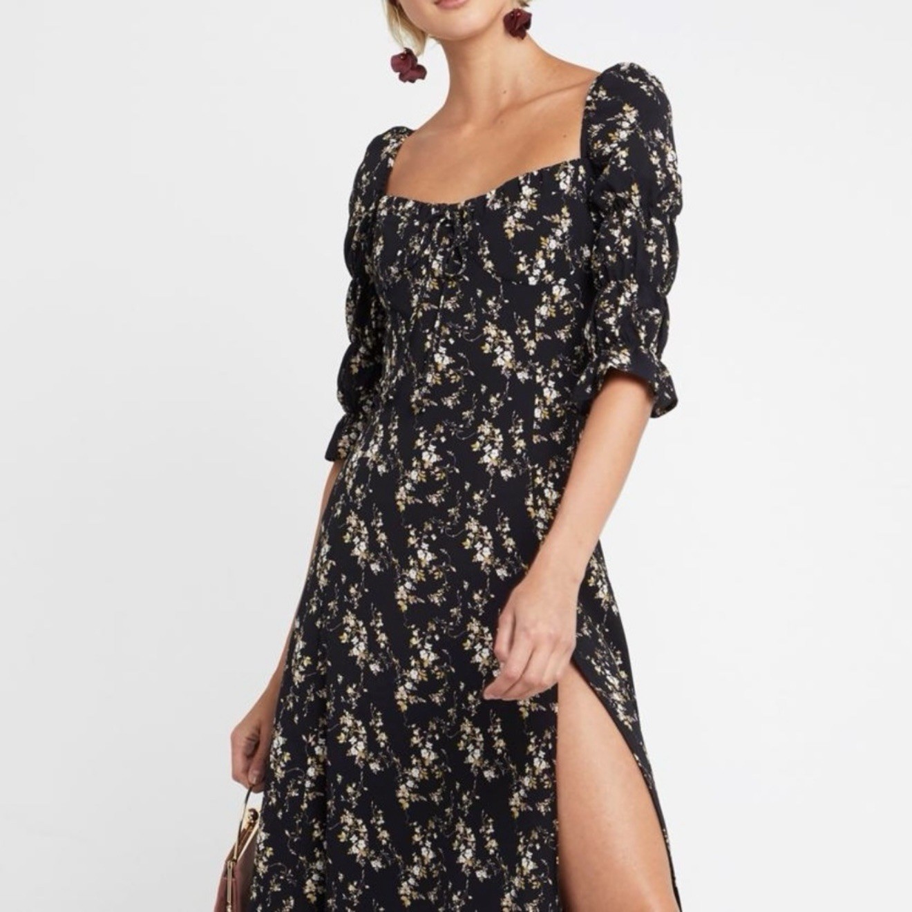 O.p.t Black Floral Midi Dress 3/4 Sleeve Sz S NWT