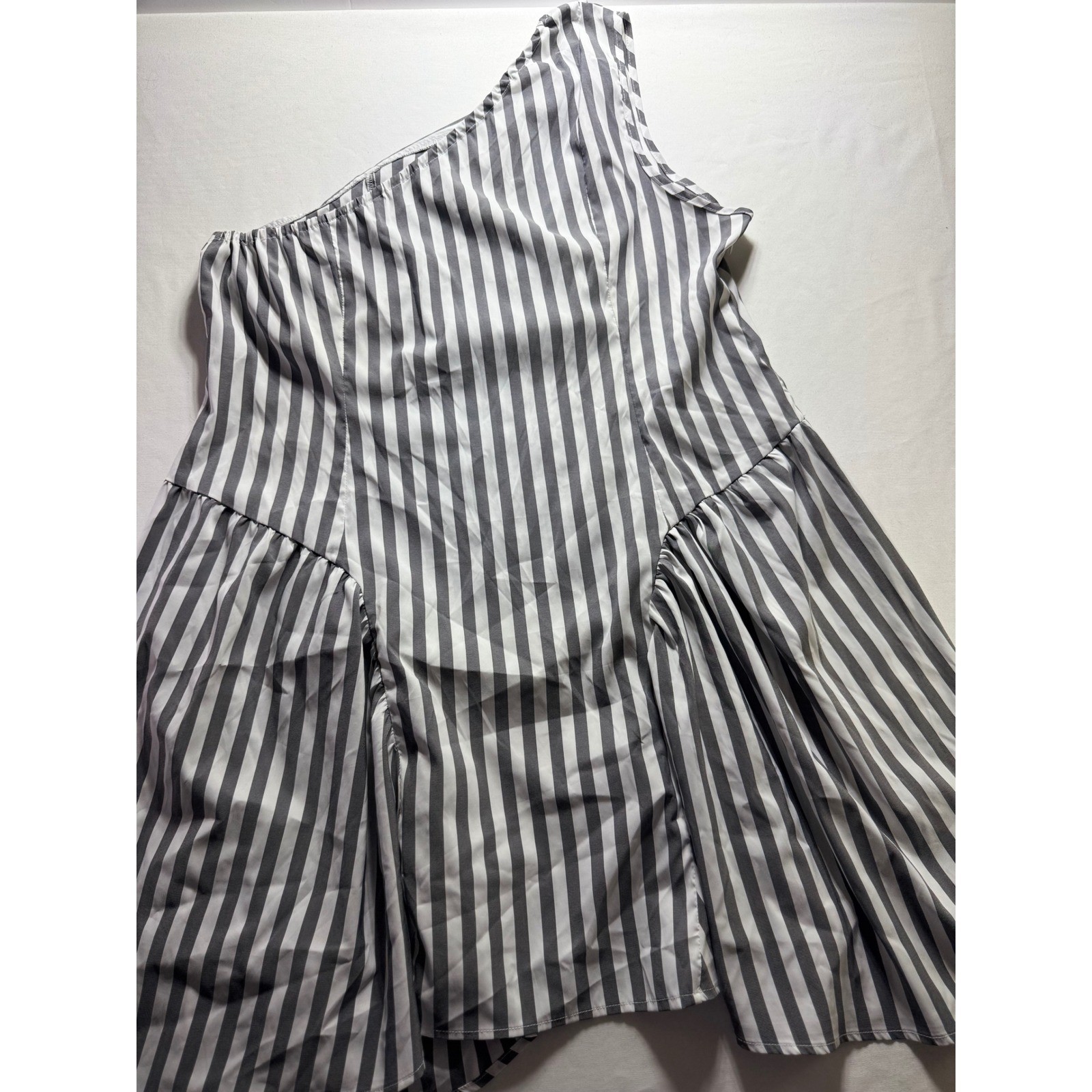 One Shoulder Stripe Mini Dress Womens 3XL Grey White Drop Waist Summer Chic