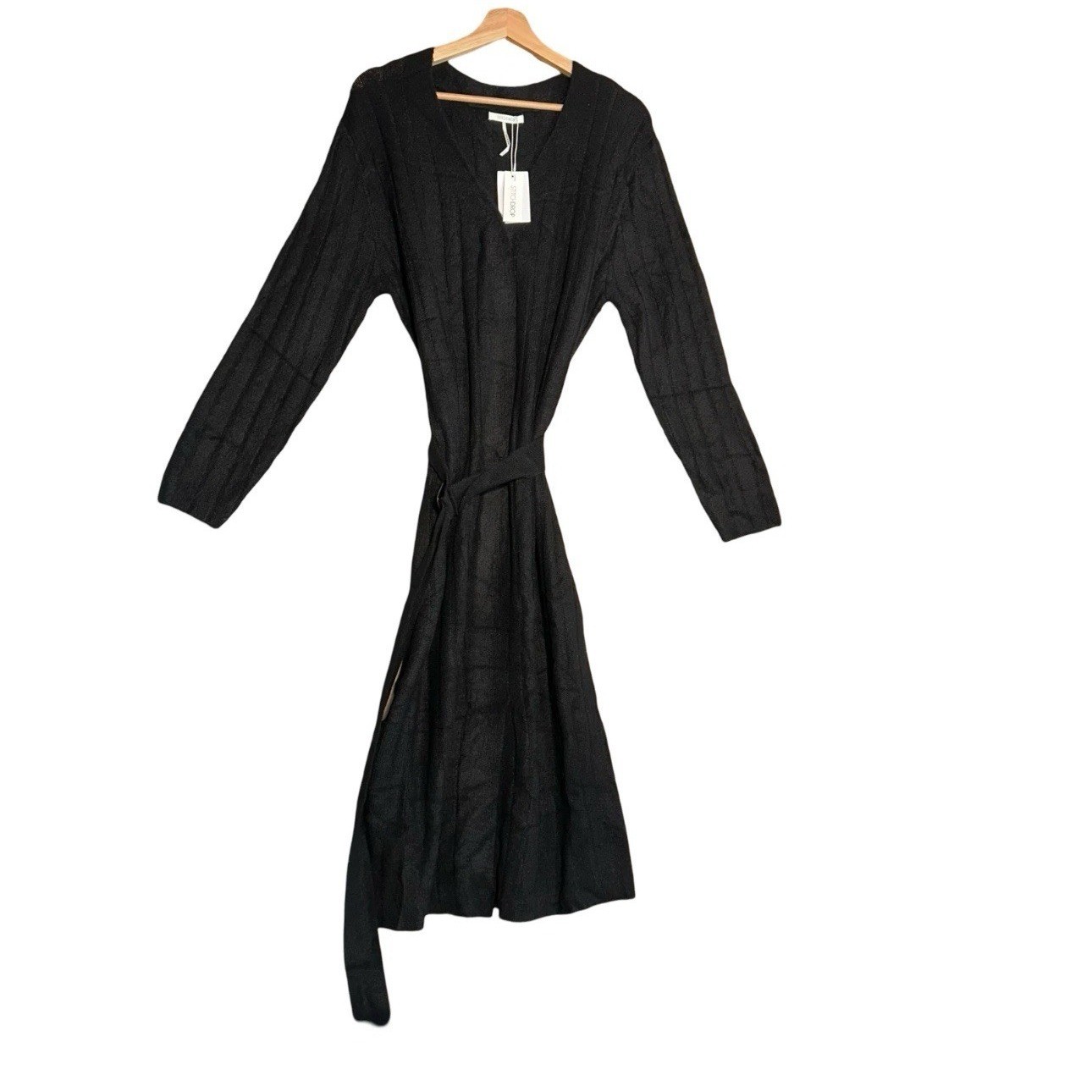 NEW StitchDrop Womens Sz L Black Knit Stretch Long Sleeve Belted Holiday Dress