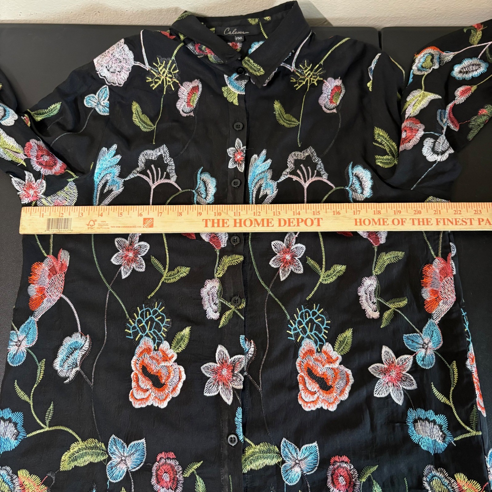 Calessa Black Floral Embroidered Button Up Mini Shirt Dress Tunic Size PXL Fairy