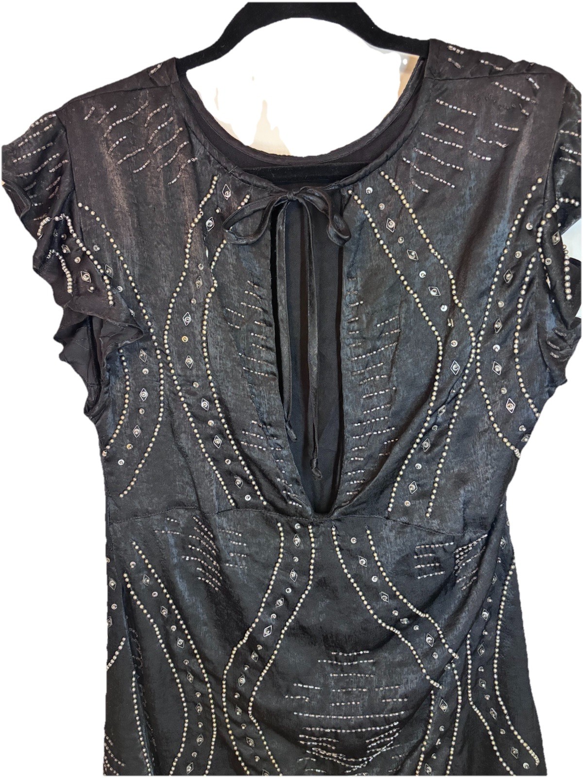 Free People Black Beaded Ruffle Short Sleeve Mini Shift Dress Size S NWT $168