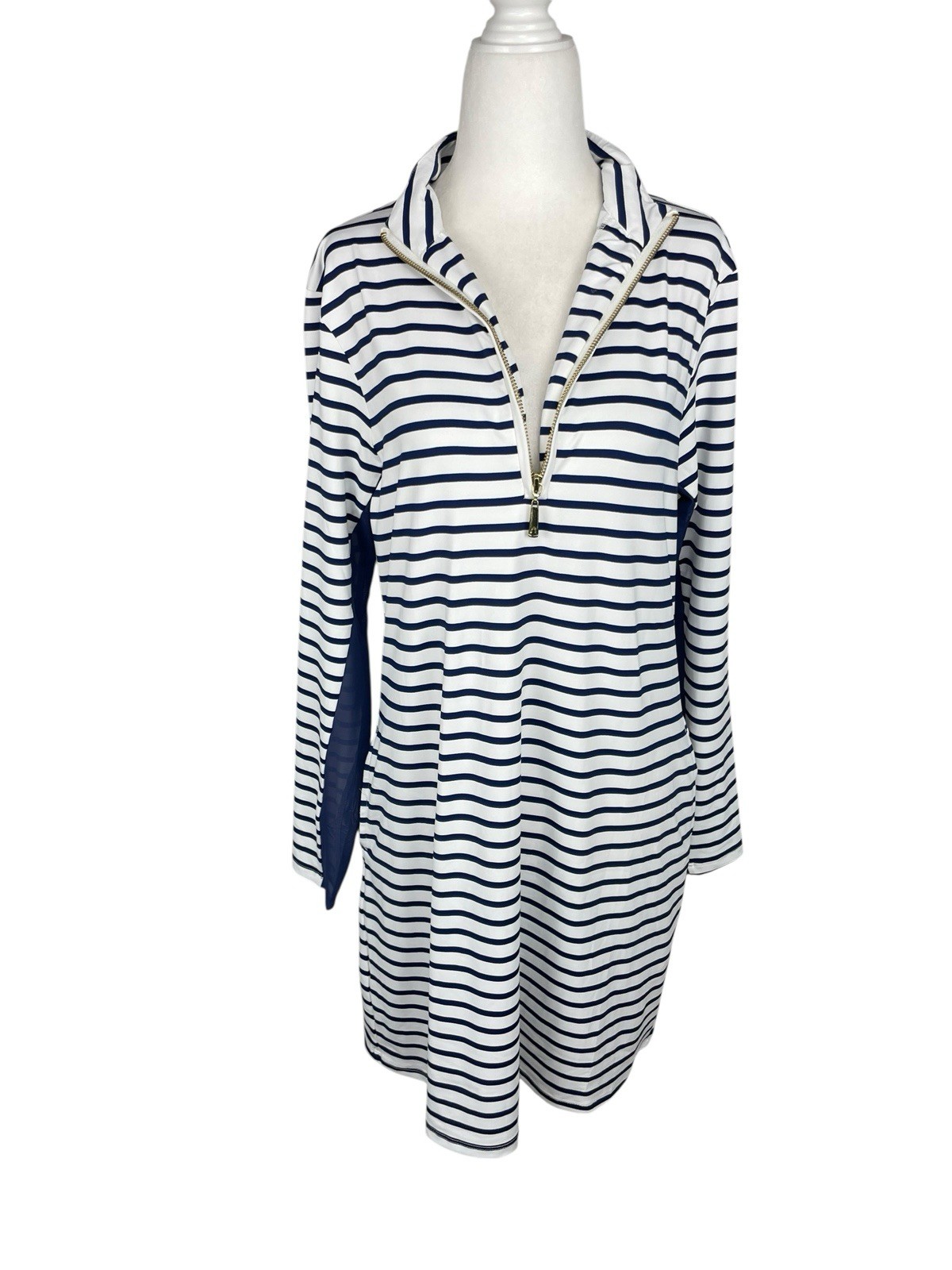 Cabana Life Dress M Long Sleeve Navy Strips Blue Zip Performance Tennis Golf UPF