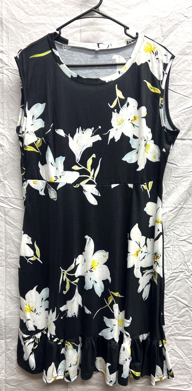 Floral Sleeveless A-Line Dress XL Black & White Floral Print Side Zipper Ruffle