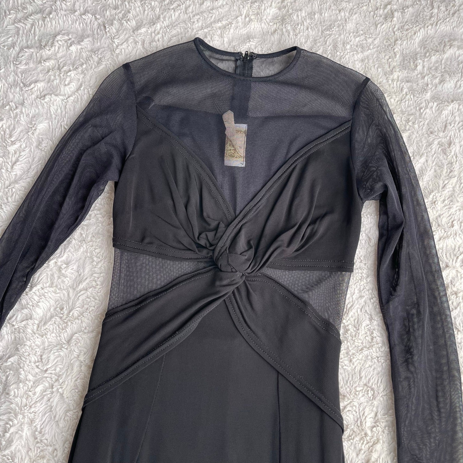 Cache Tadashi sheer illusion maxi dress vintage 90s Y2K mesh long sleeve gown S