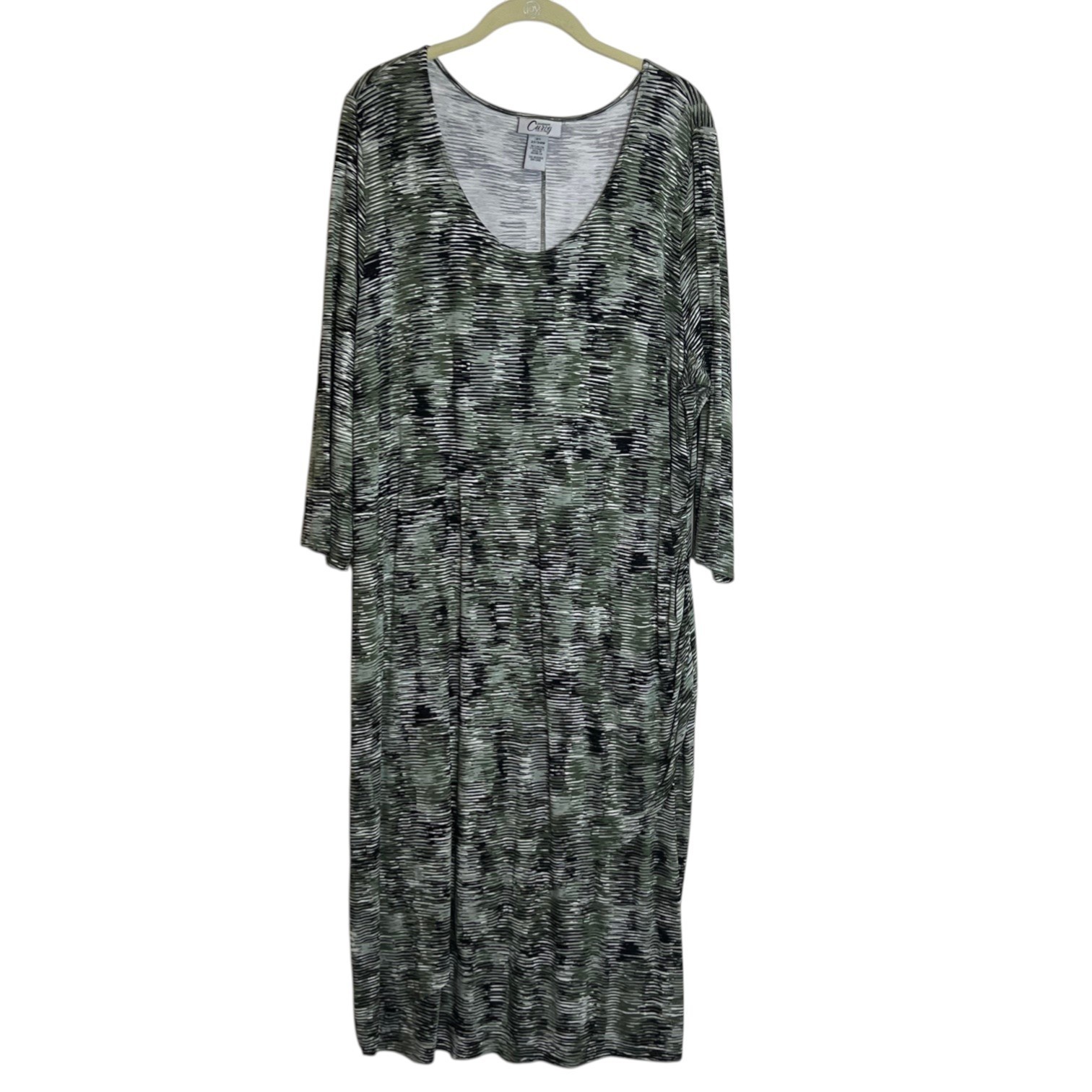 Catherines Curvy Maxi Dress 2X 22/24W Green Black Abstract Print Hi Low Hemline