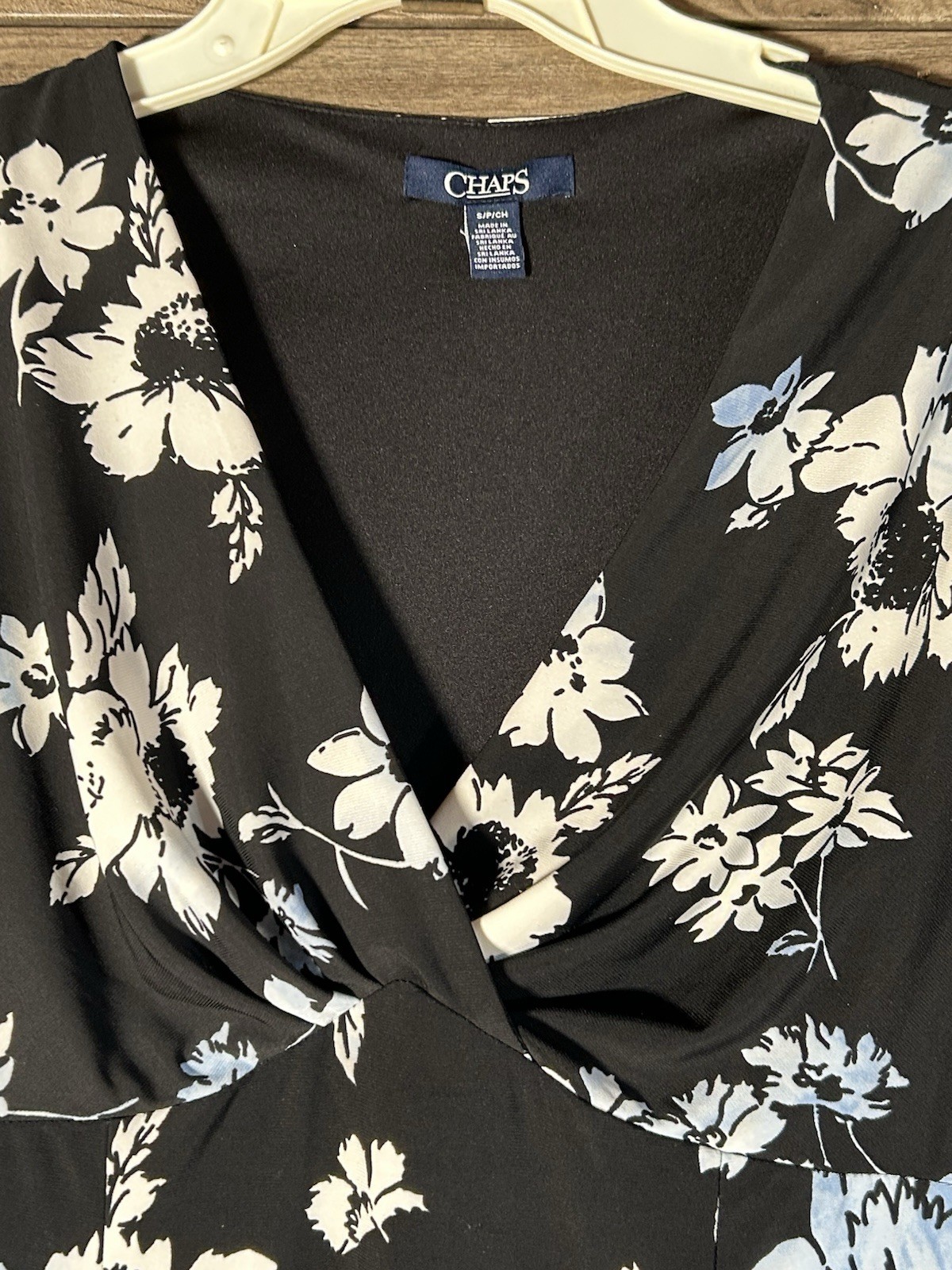 Chaps Floral Wrap Style Neckline Empire Midi Dress Size S Black With White&Blue