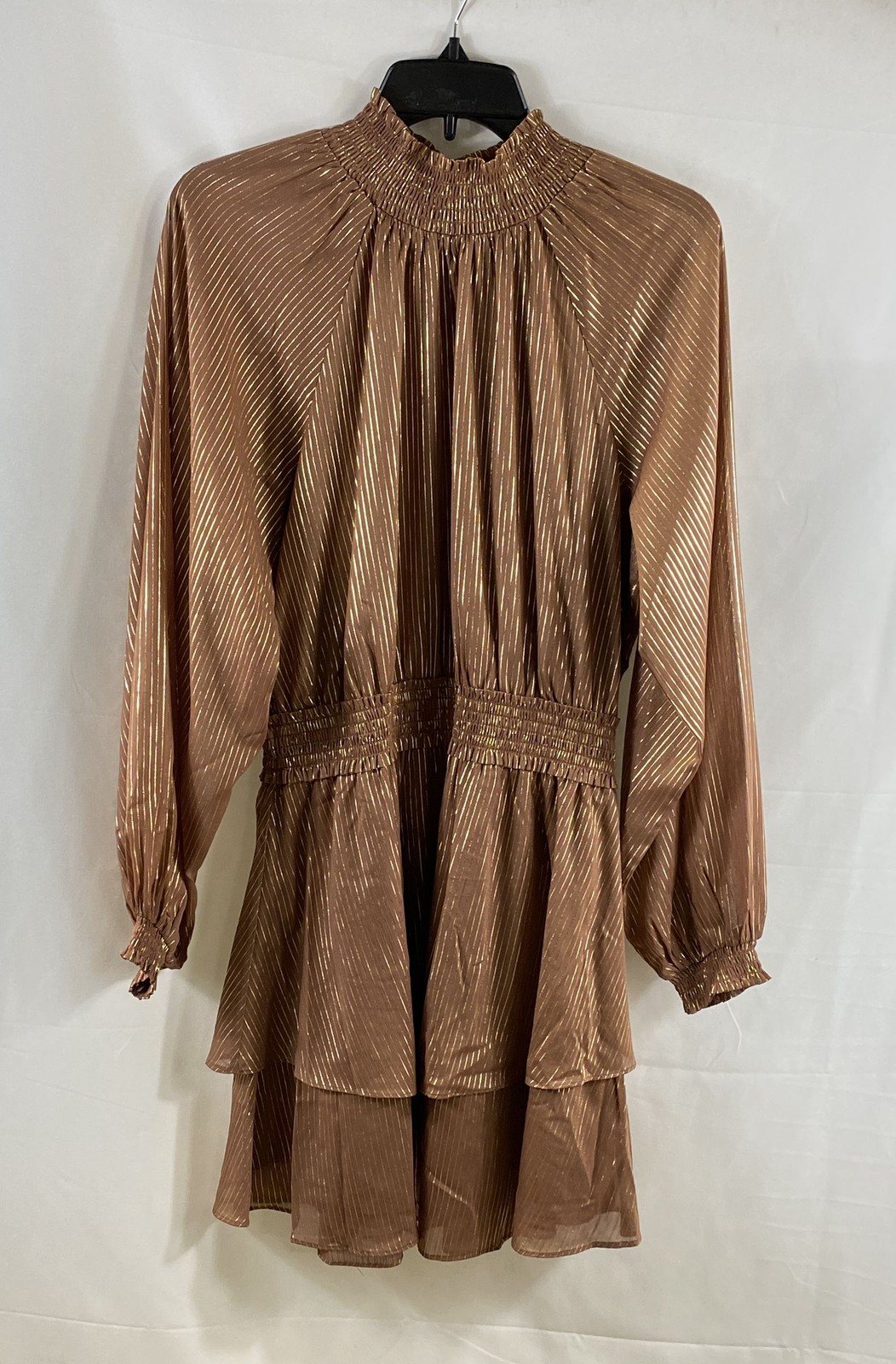 Lost + Wander Women’s Brown Gold Metallic Stripe Smocked Tiered Dress Sz M NWT