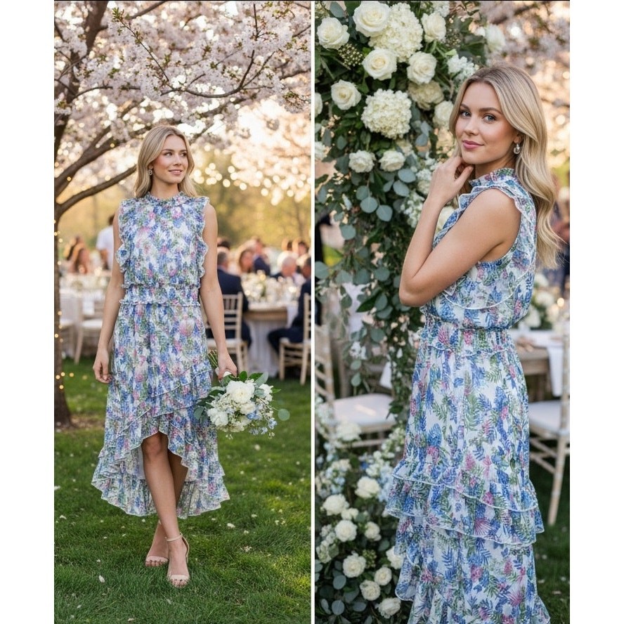 WALTER BAKER DRESS XS FLORAL TIERED RUFFLE MIDI WEDDING GUEST COCKTAIL TROPICAL