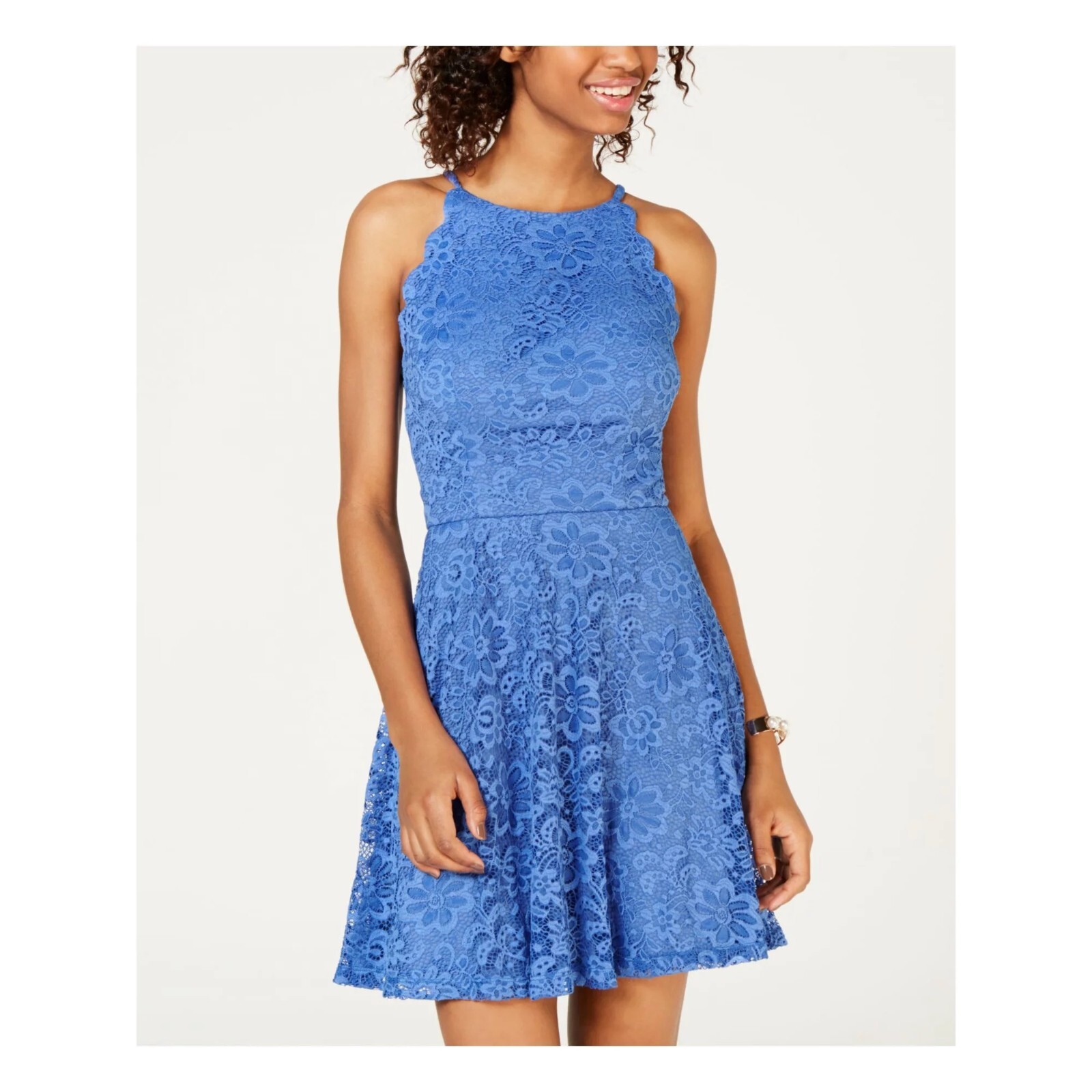 BCX Junior Womens 7 Periwinkle Blue Lace Scalloped Trim Fit Flare Dress NWT CY78