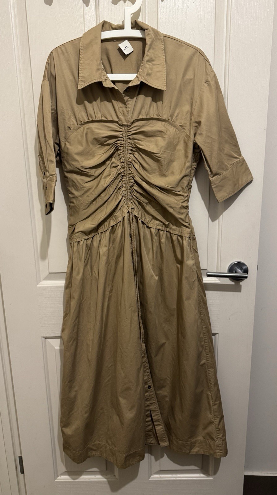 Husk Midi Shirt Dress Half Sleeve Size 14 Brown Cotton Designer