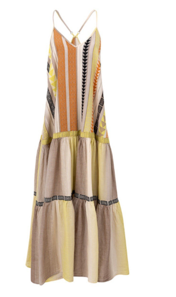Devotion Twins Skiropoula Long Maxi Dress Cotton Geometric Tiered Boho One Size