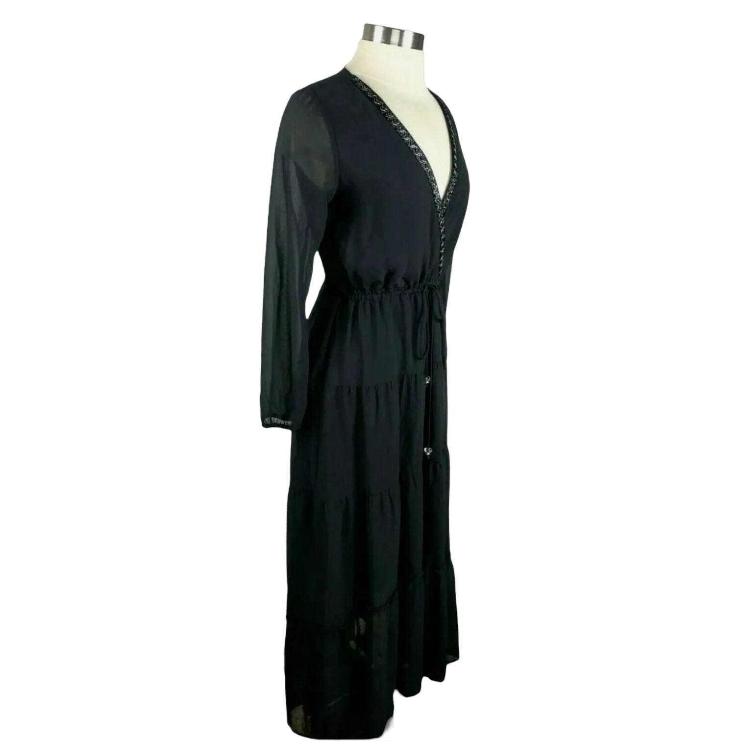 NY Collection Maxi Dress Black Long Sleeve Beaded V Neck Tier Ruffle NWT Flaw XS