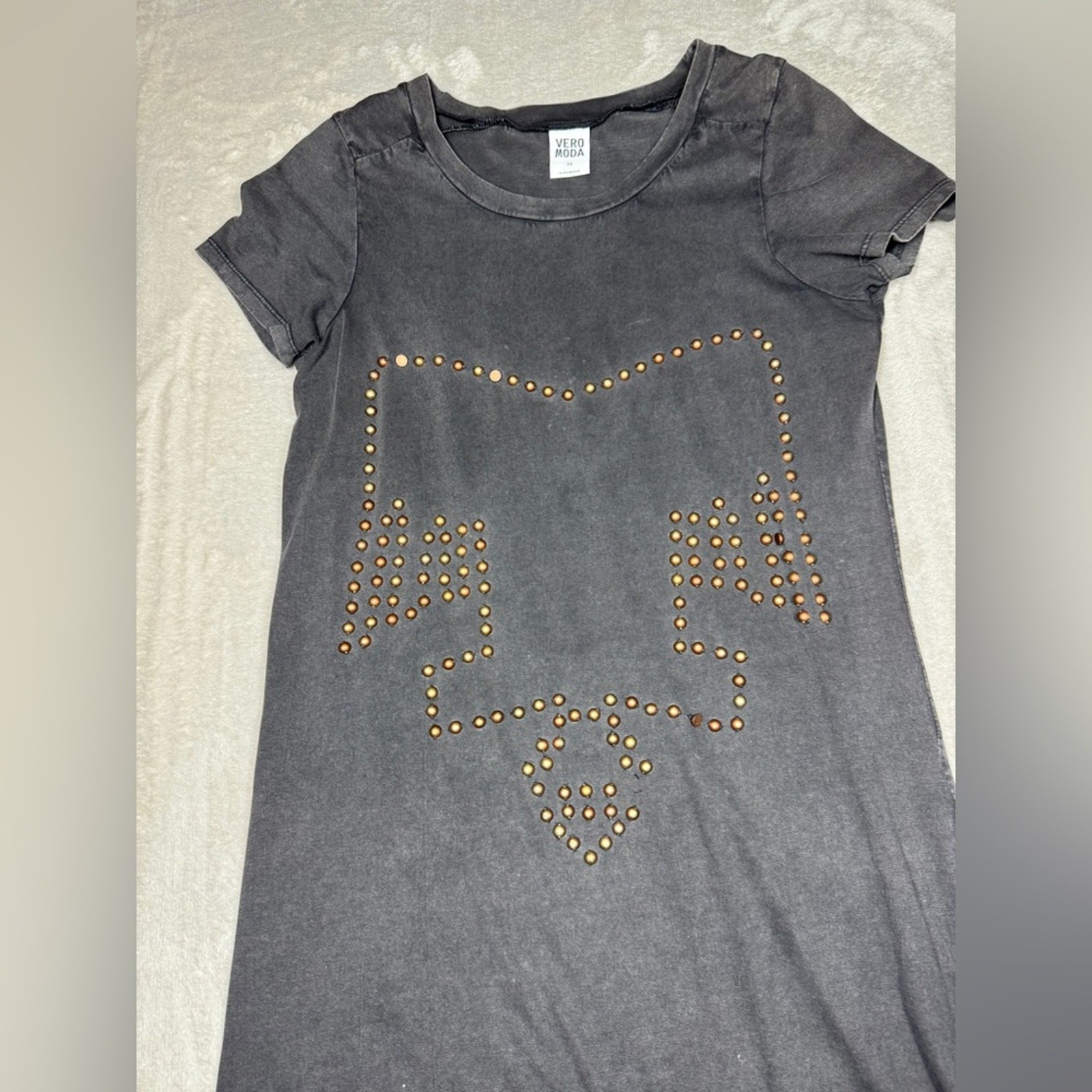 Vero Moda Grey Brown Beaded Grunge Rock Step Up Hem Mini Tunic T-Shirt Dress XS