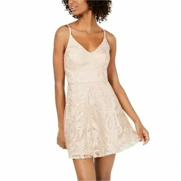 Speechless Juniors’ Shimmer Embroidered Fit & Flare Dress Nude Blush, Sz. 9