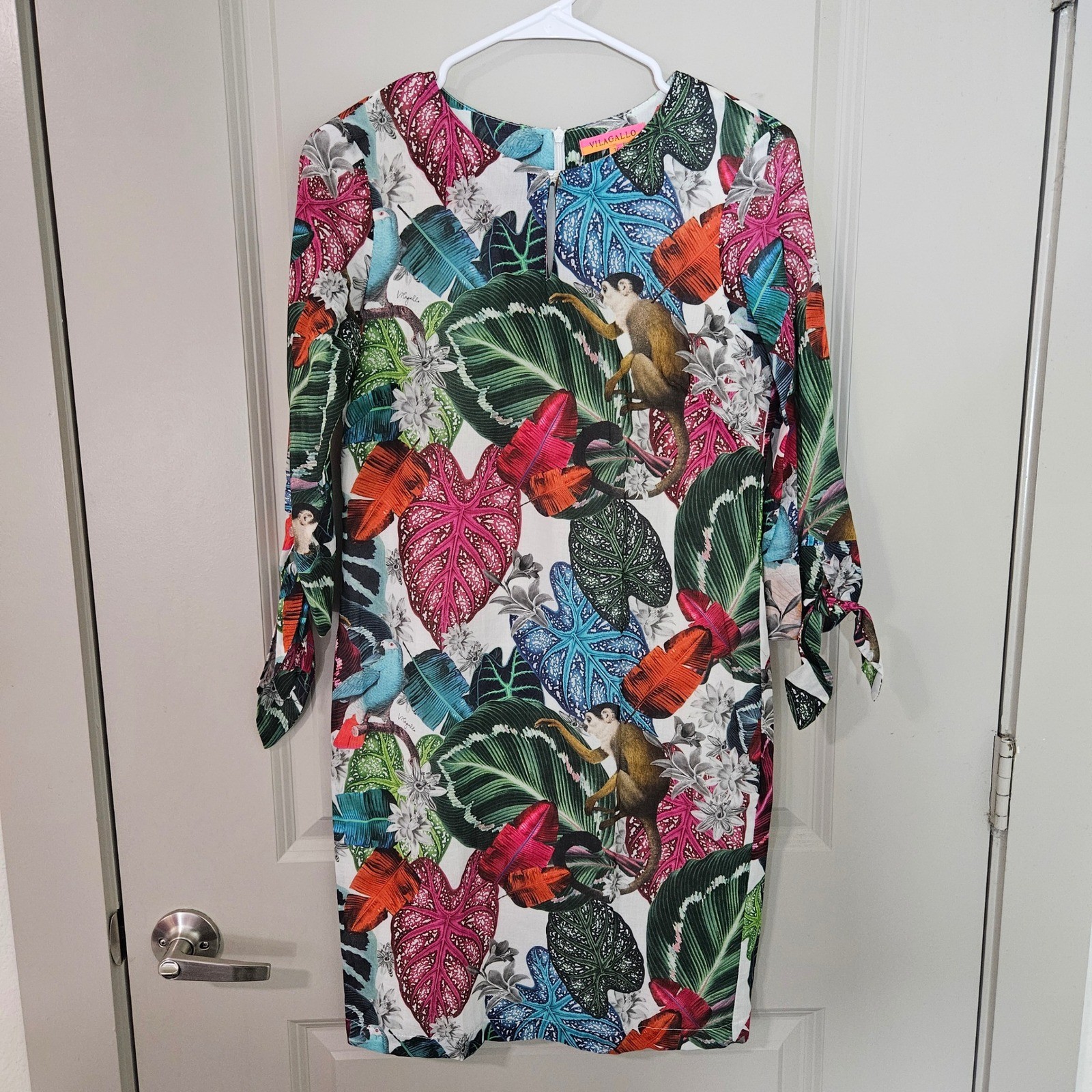 Vilagallo Tropical Monkey Bird Print Cotton Shift Dress Made in Spain Size 36