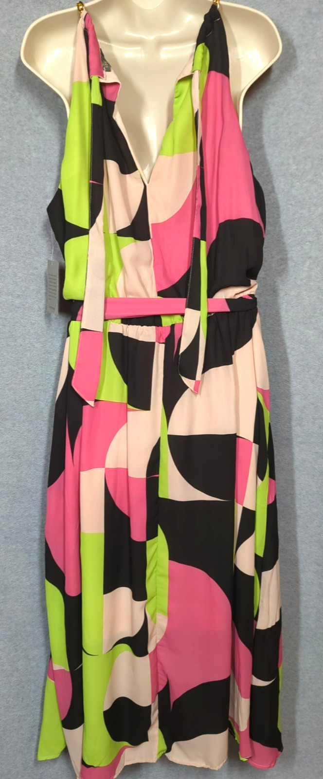 New Plus 2X Maxi Dress Sleeveless Elastic Waist Chain Accent Bold Bright Beauty