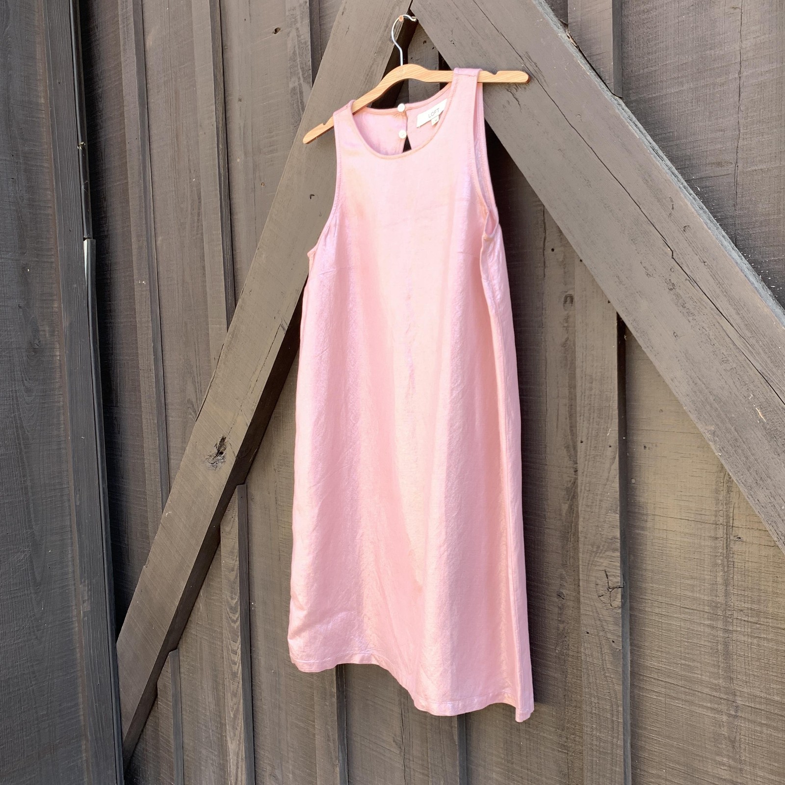 LOFT Dress Womens 2 Pink Linen Blend Sleeveless Shift Midi Keyhole Button Back