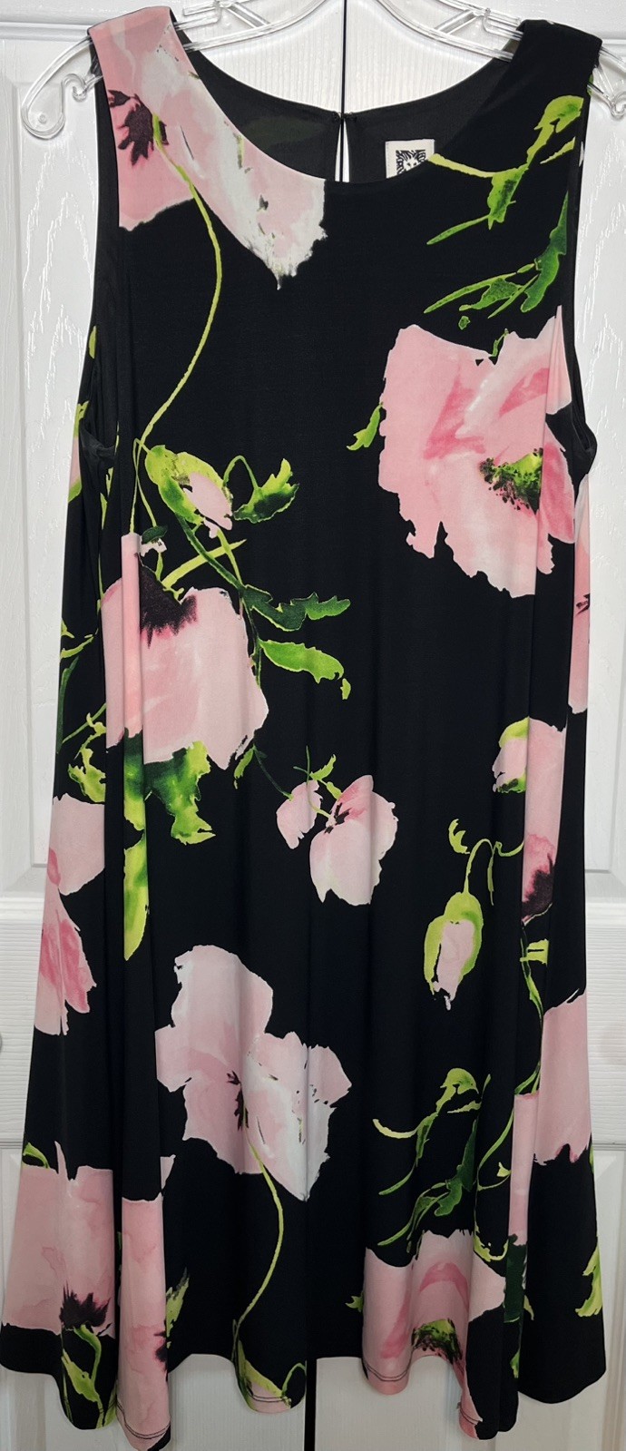 Anne Klein Black Pink Floral Swing Dress Size 12 A-Line Shift Summer Poppies