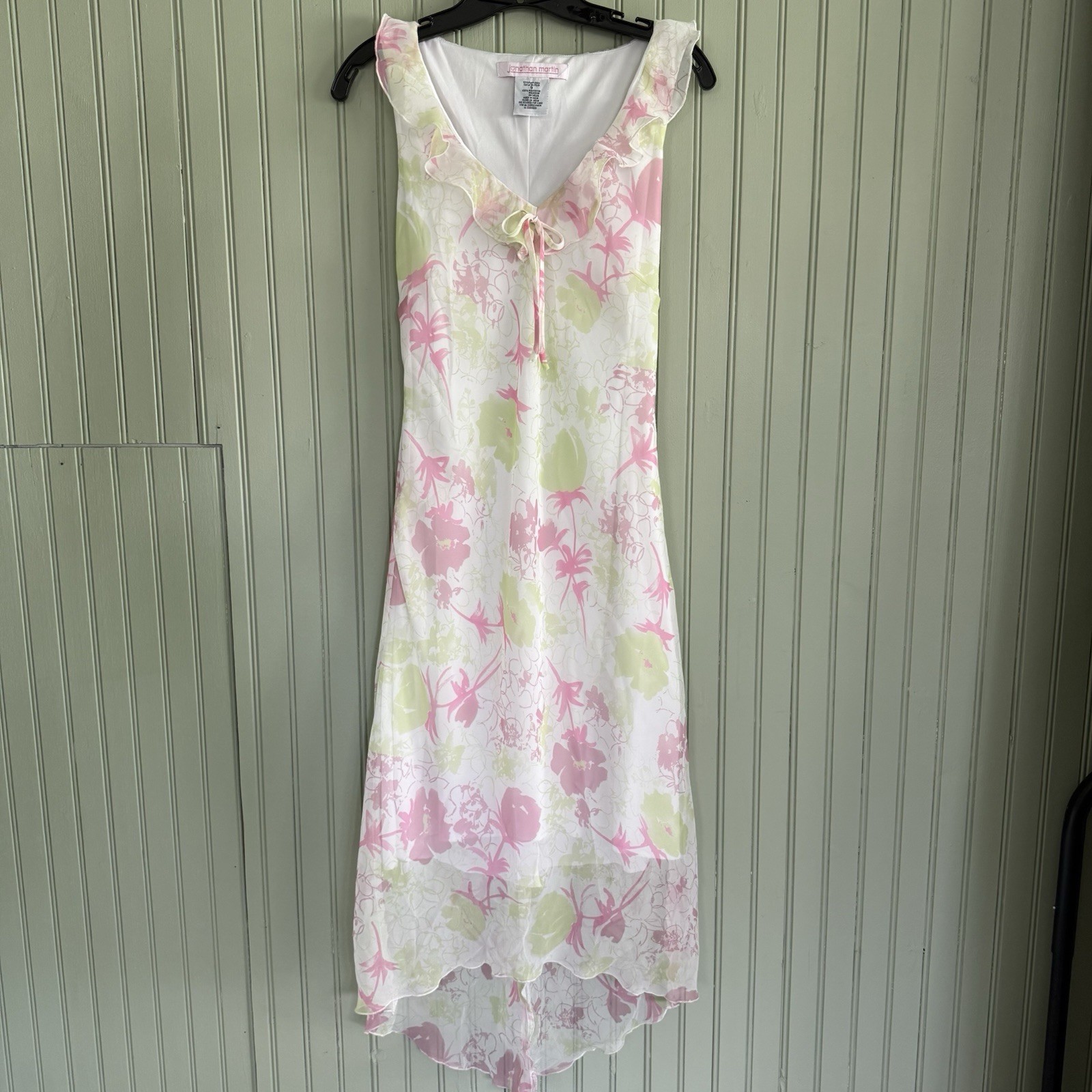 Vtg Y2K Midi Slip Dress Green Pink White Floral Sheer Ruffle Fairy Coquette Sz 9