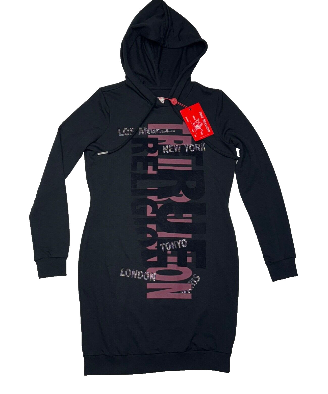 NEW True Religion City Hoodie Black Dress Women’s Small Big Logo y2k Grunge Look