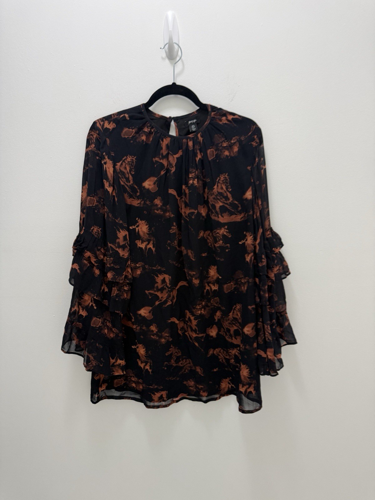 Nasty Gal Stallion Horse Print Ruffle Bell Sleeve Mini Dress Black Rust US 8