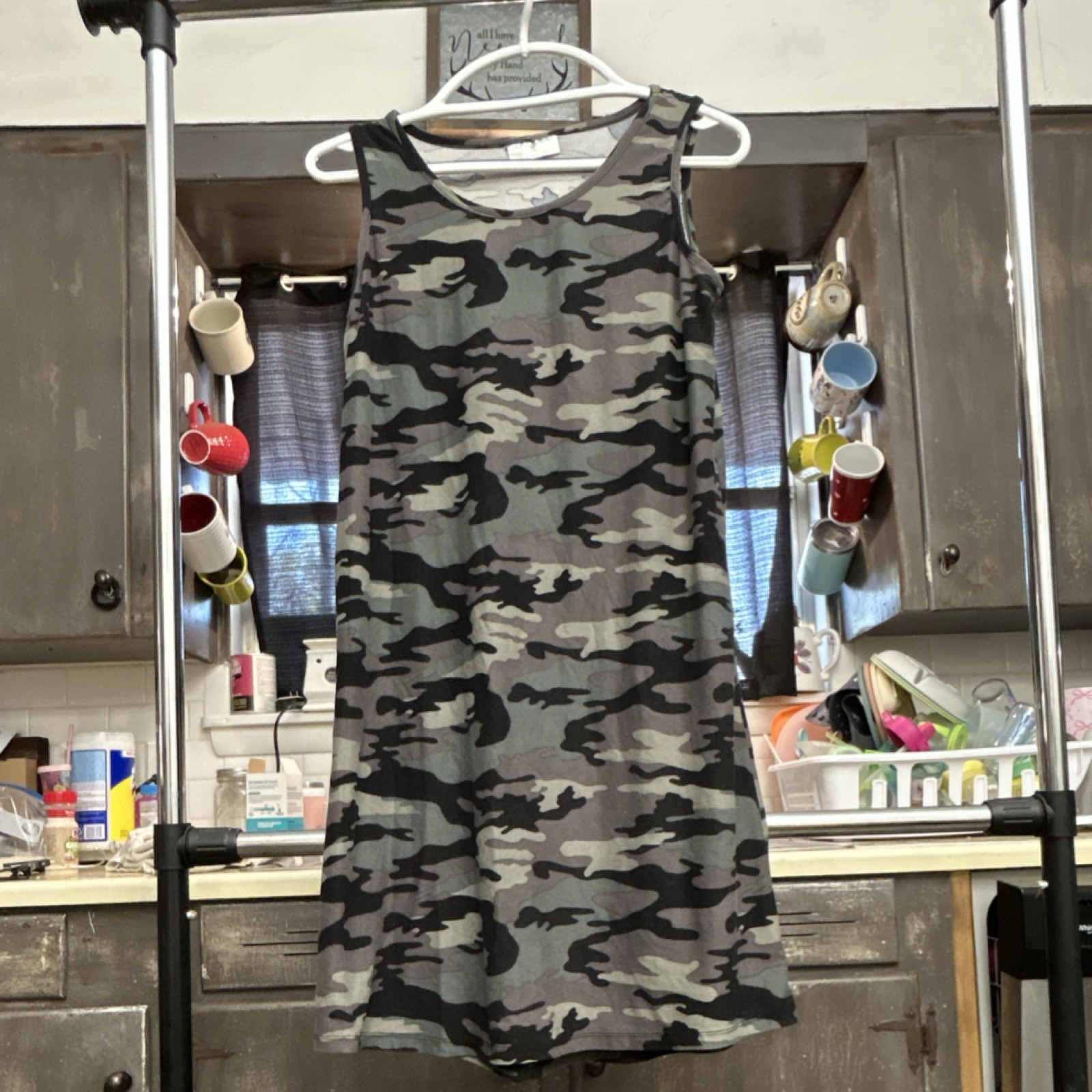 Bobbie Brooks Womens Gray/Black Camo Knit Cotton Stretch Tank Shift Dress L