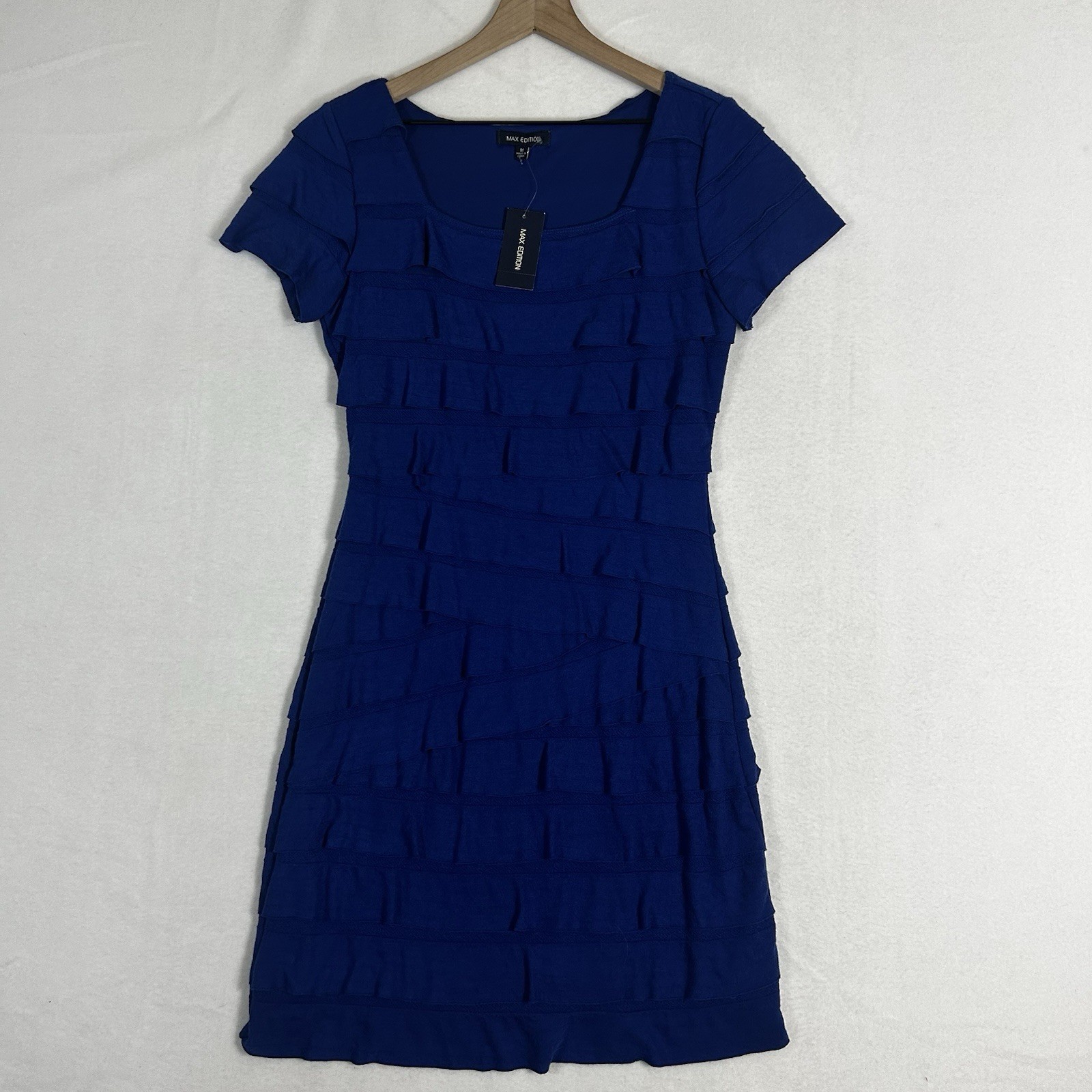 Max Edition Womens M Blue Ruffled Short Sleeve Dress Casual NWT $118
