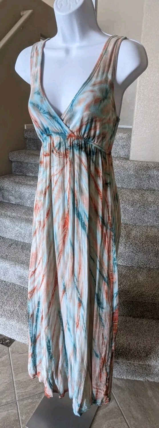 Hard Tail Twist Back Dress (S) Green Orange Tie Dye Maxi Cutout Breezy Flowy